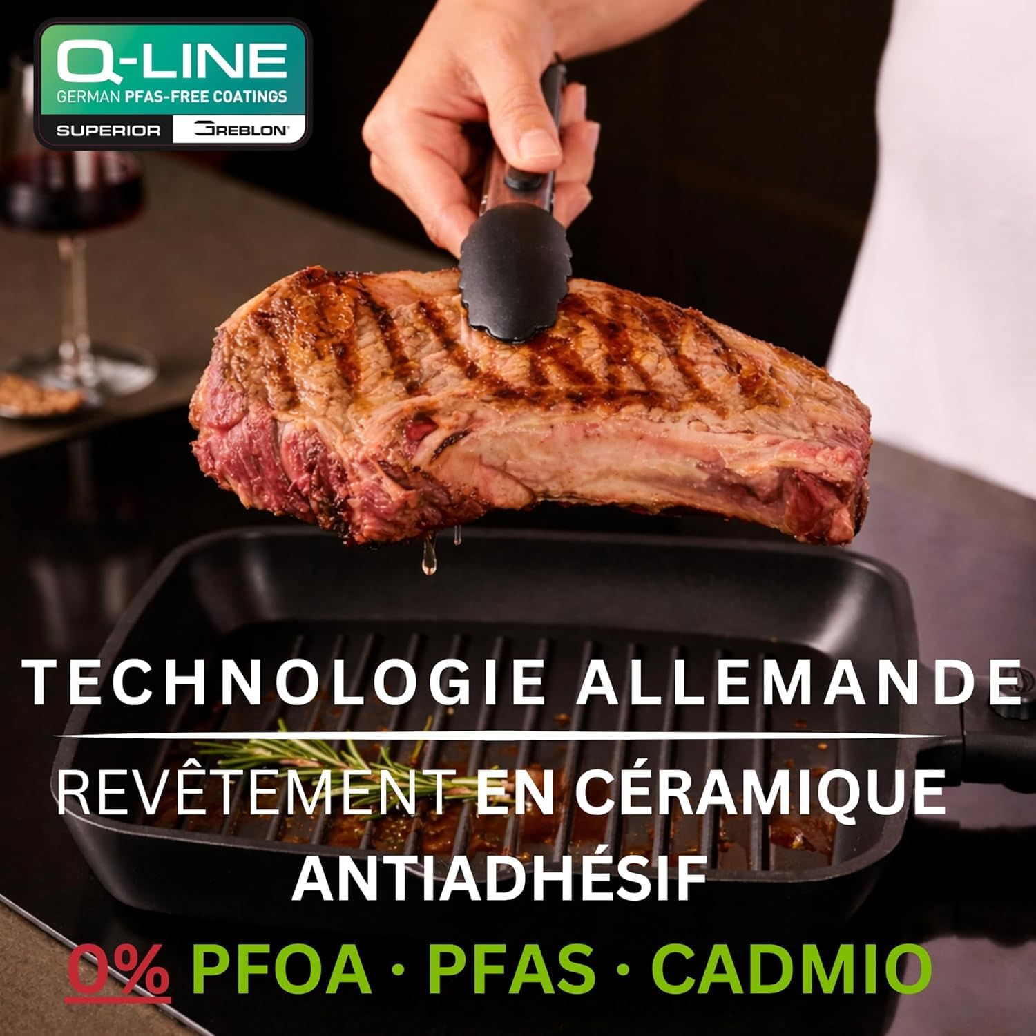 Stone&Stone Poêle Grill Induction 28 cm Carrée Antiadhésive avec Manche Amovible, Revêtement Céramique Allemand, Fond Acier Plein, Compatible Gaz et Four, Sans PFAS, PFOA et PTFE