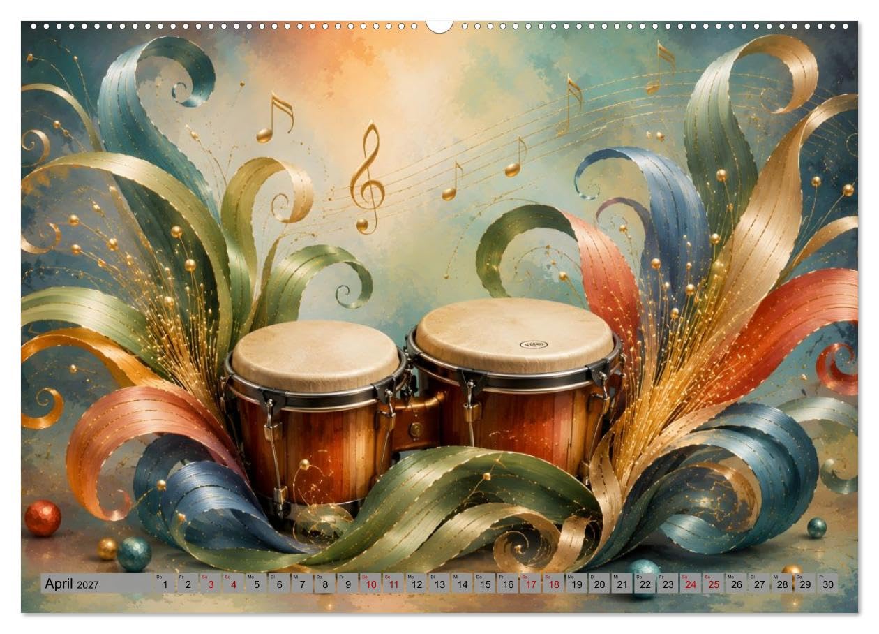 CALVENDO · Musikblüten - 12 Monate voller Klang (Kalender 2027) | DIN A2 Querformat · Premium-Wandkalender · Blütenkunst · Musikinstrumente, eingebettet in dekorative Fantasieblüten