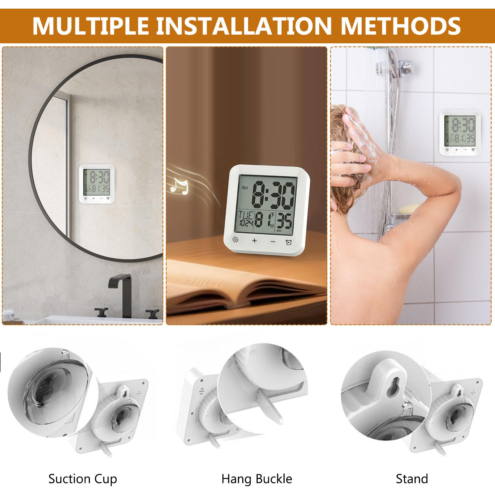 ALLOMN Orologio digitale da bagno, impermeabile, timer con conto alla rovescia, indicatore di temperatura, orologio da bagno, orologio da doccia con ventosa e occhiello di sospensione, supporto per
