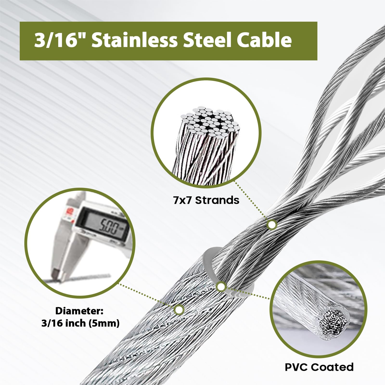 TooTaci Cable y Acero 5mm, 30M Cuerda Acero Inoxidable 304, Cable Plastificado de PVC, con Tensores Alambre/Abrazadera, para Toldos, Tendedero, Soporte Planta