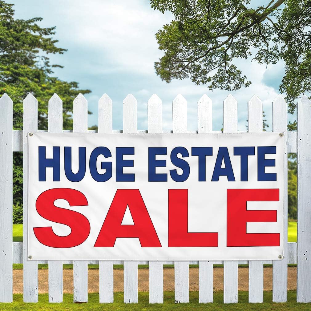 Vinyl Banner Multiple Sizes Huge Estate Sale Red Blue Business Outdoor Weatherproof Industrial Yard Signs 4 Grommets 16x40Inches