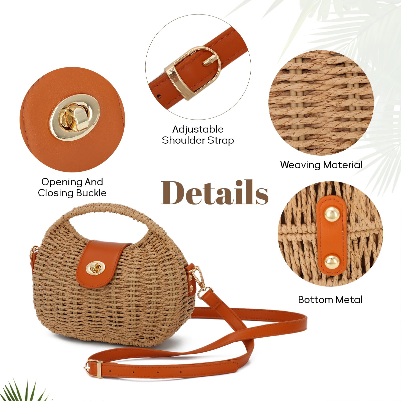 SUKUTU Paille Sac de plage à main tissé Crossbody Sacs à bandoulière Top Handle Satchel Sac à main Porte-monnaie pour l'été