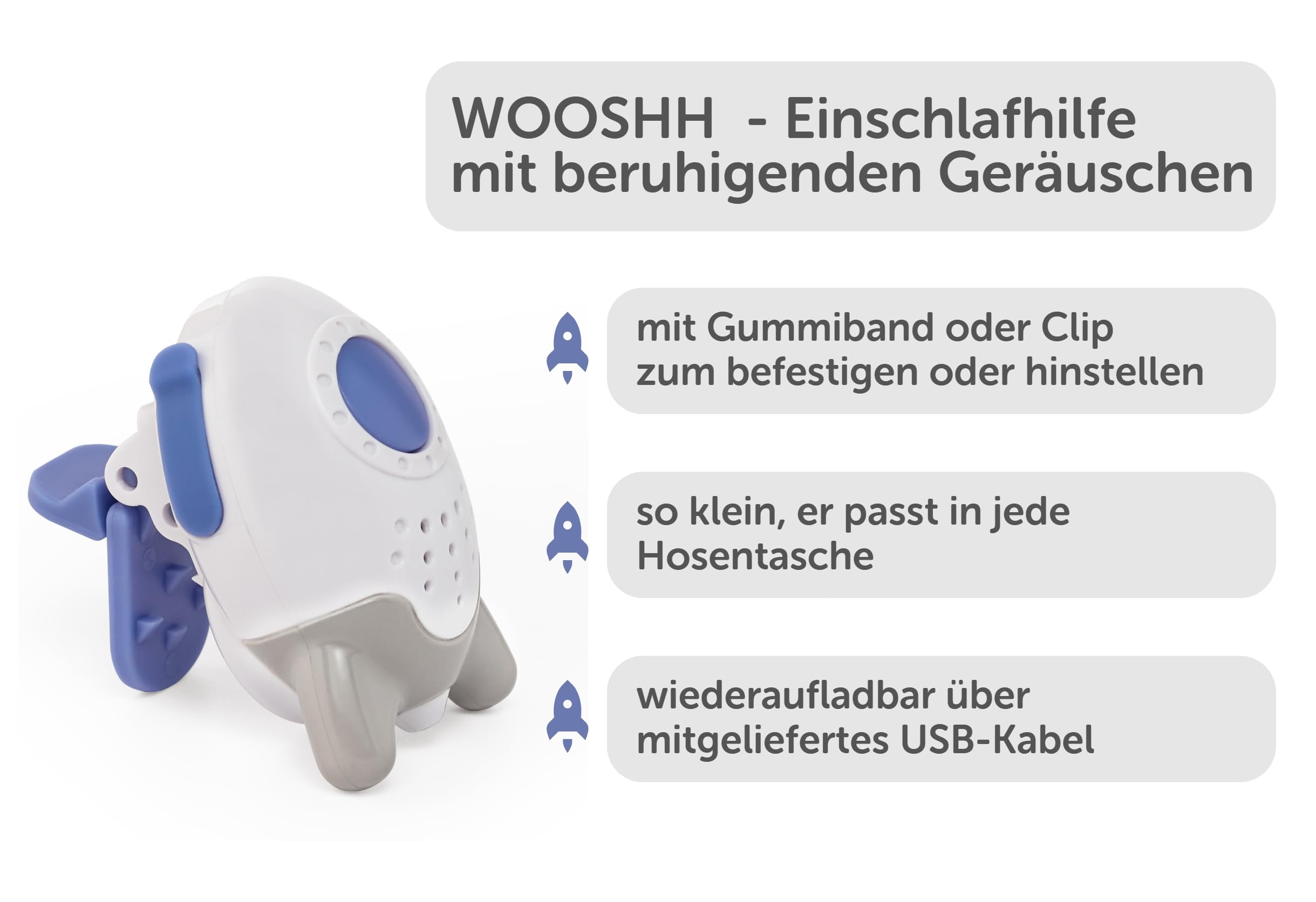 Wooshh by Rockit Rocker - wiederaufladbarer, tragbarer Schlafberuhiger/Einschlafhilfe mit 8 beruhigenden Geräuschen, 4 Lautstärkestufen, Ständer, Clip oder Riemen, extra klein für die Hosentasche