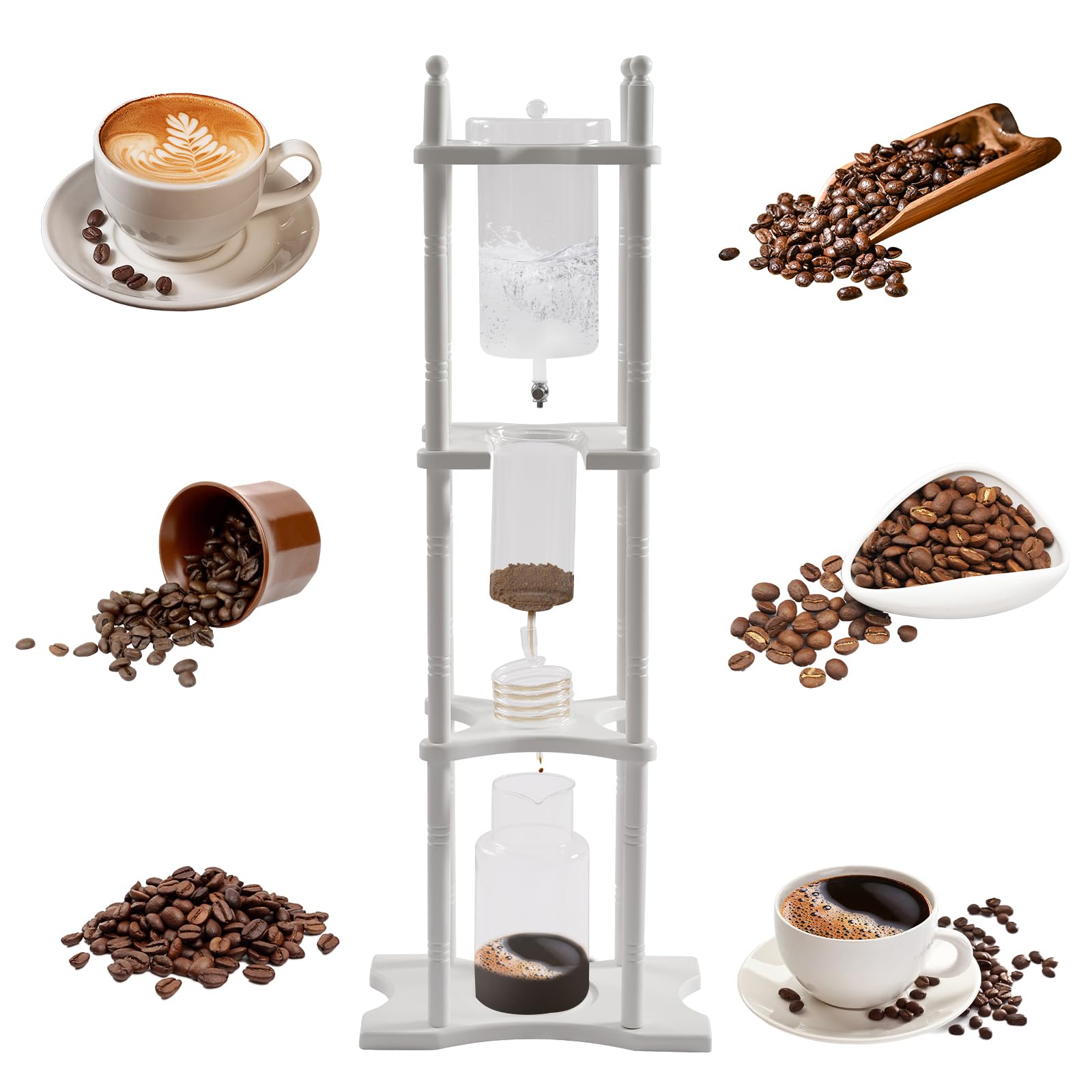 Ice Drip Coffee Maker,2500ml/84.54 oz Cold Brew Coffee Tower Slow Drip Japanese Cold Brew Maker Drip Ice Coffee Tower Glass Dutch Coffee Dripper with Wood Straight Frame for Commercial Office