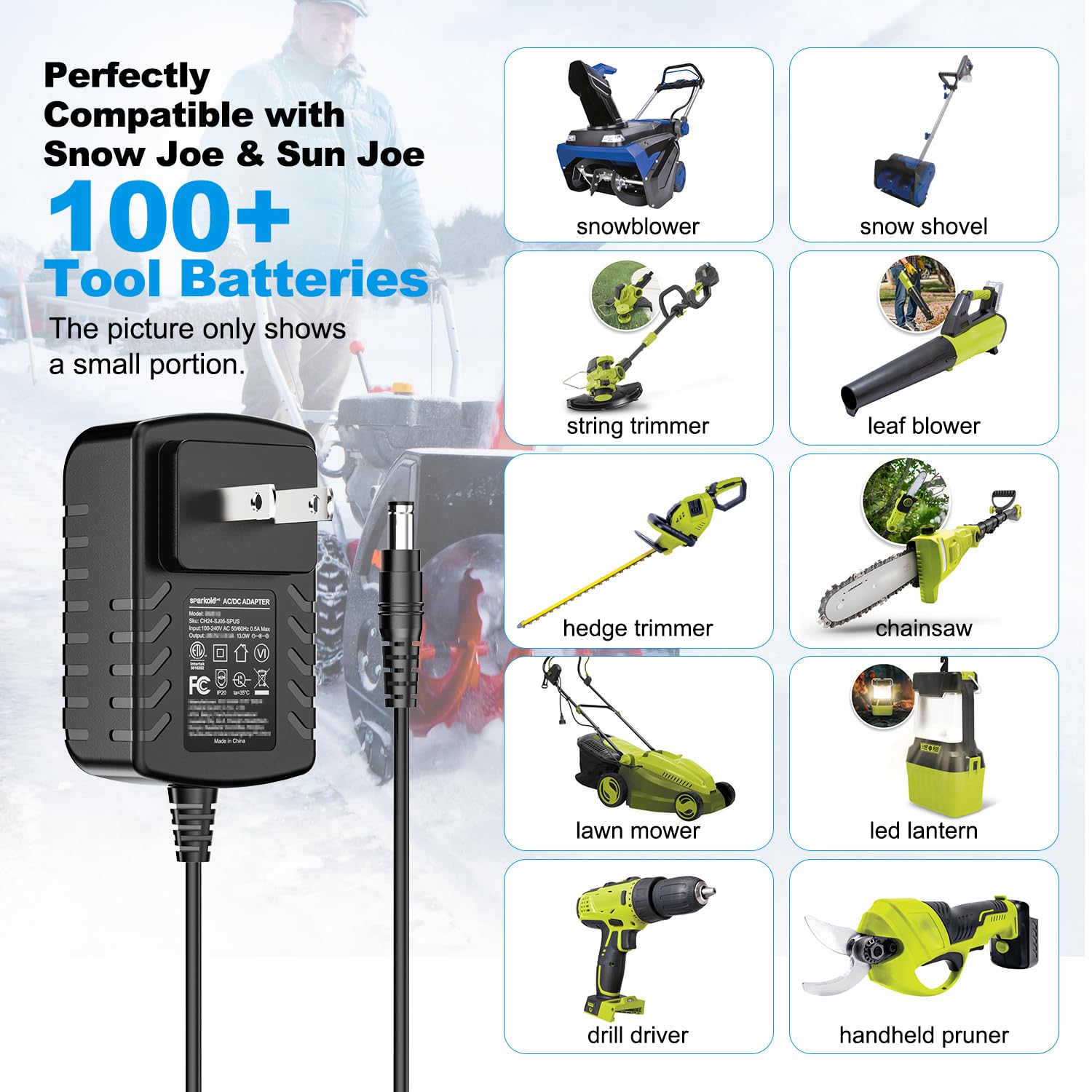 Quick Charge for Snow Joe & Sun Joe 24V Battery, 24VCHRG-QC iON+ Charger for iBAT24 & 24VBAT Series Batteries, iBAT24-LT, iBAT24-XR, 24VBAT-LTE, 24VBAT-XR AC Adapter