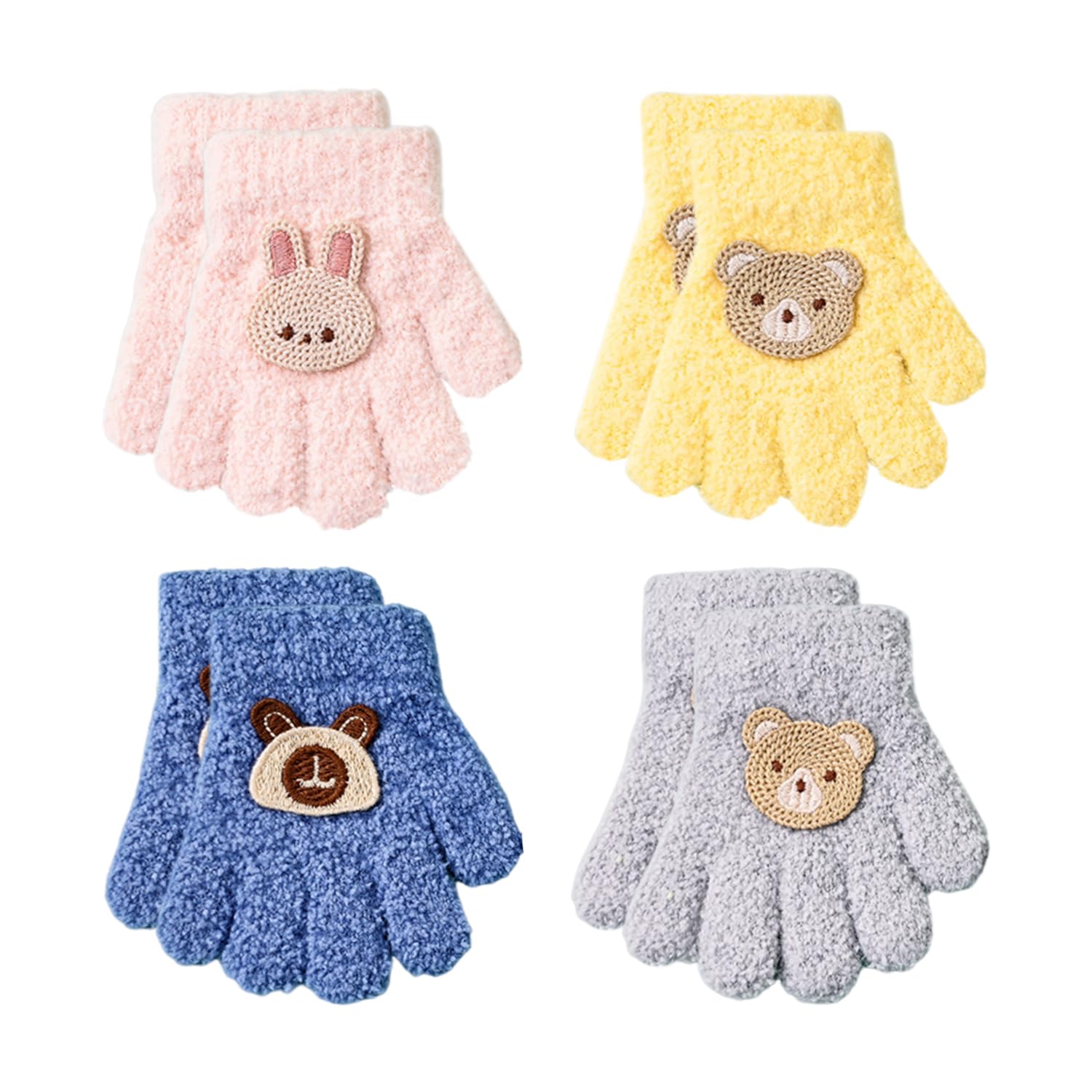 WUFGWBD 4 Pairs Of Children'S Gloves, Thickened Five-Finger Gloves, Winter Warm Gloves, Cute Plush Gloves, Outdoor Cold-Proof Gloves