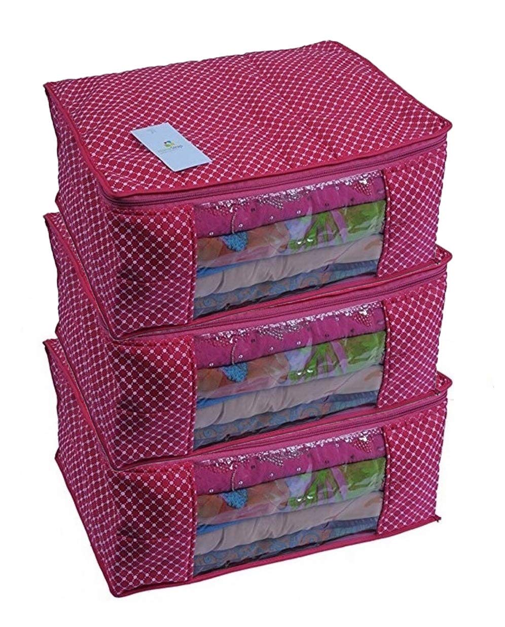 Homestrap set of 3 Cotton Quilted 3 Layered Foldable Saree Covers/Clothes Storage Bag/Wardrobe Organizer With Transparent Window And Zip For Lehenga, Suit, Dress,& Accessories (Pink)