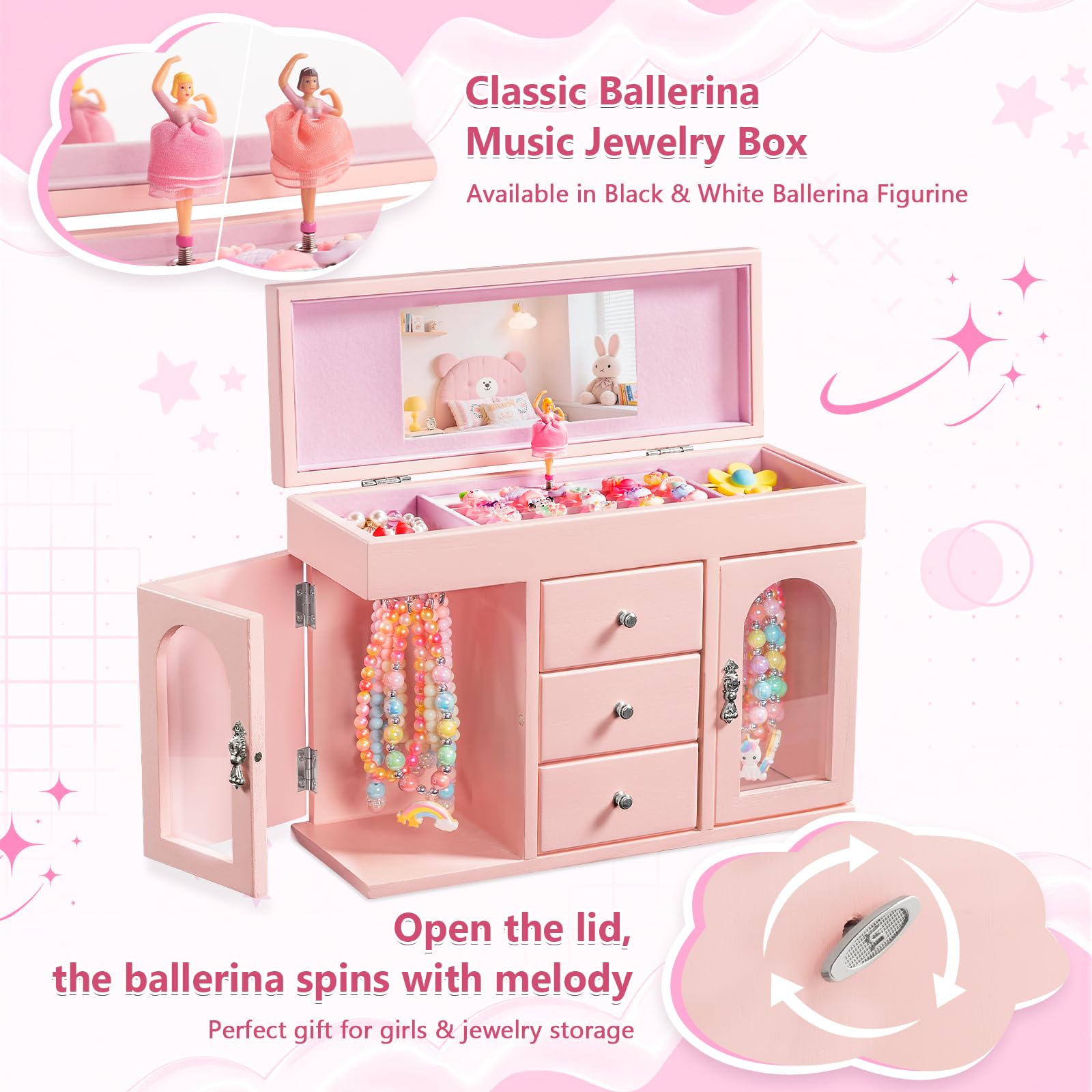 Musik-Schmuckkästchen für Mädchen aus Holz mit Ballerina & Spiegel, Schmuckaufbewahrung mit Schubladen & Seitentüren, Rosa Schmuckschatulle als Geschenk für Geburtstag & Weihnachten
