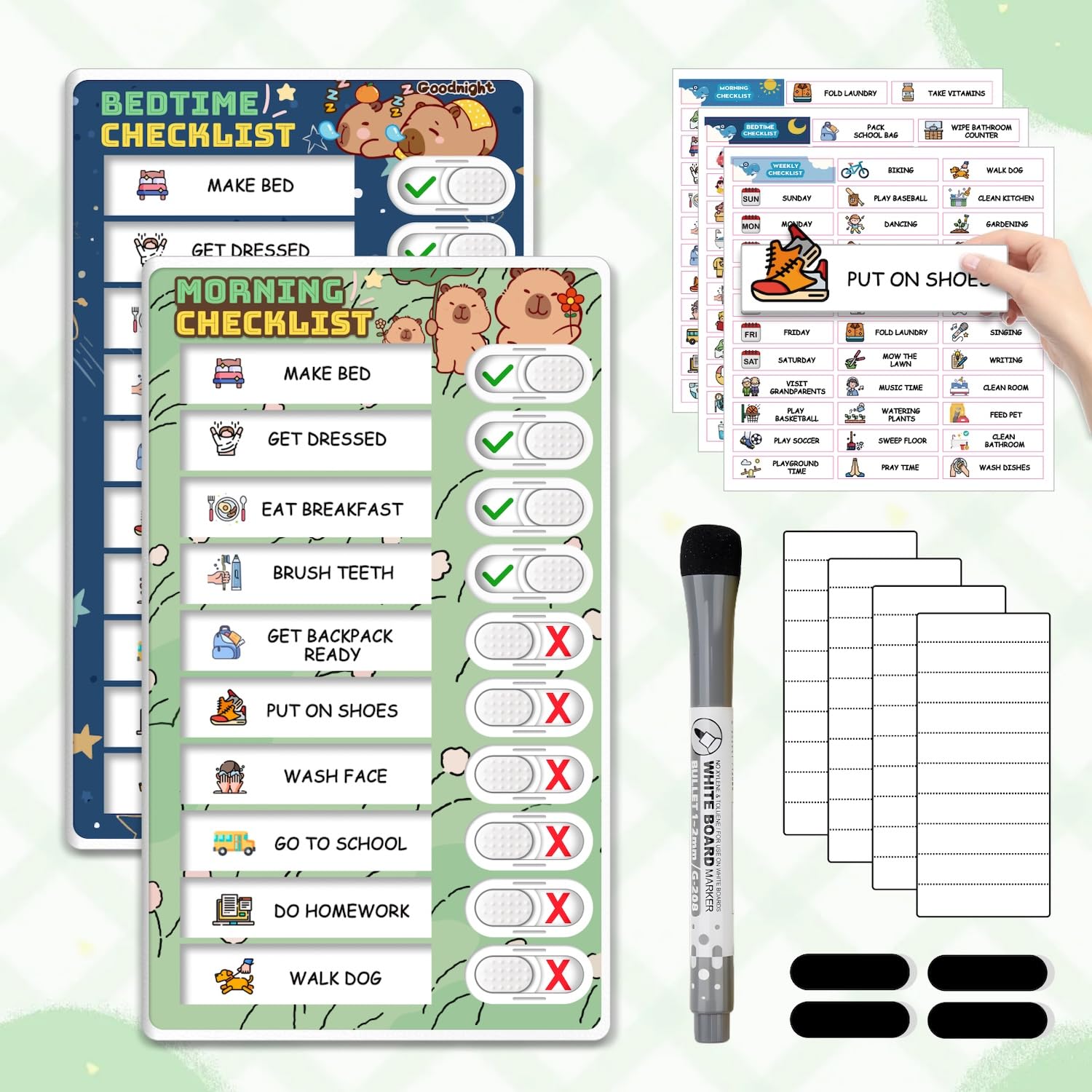 Upgraded Slider Chore Chart for Kids, Magnetic Kids Chore Chart for 2 Kids, Dry Erase Morning/Bedtime Routine Chart for Kids Toddlers, Visual Schedule for Kids