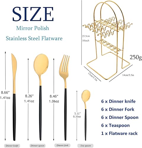 Miniatura 2 de Juego de cubiertos de 24 piezas de color negro dorado con soporte, juego de vajilla ligera de acero inoxidable con asas negras para el hogar,