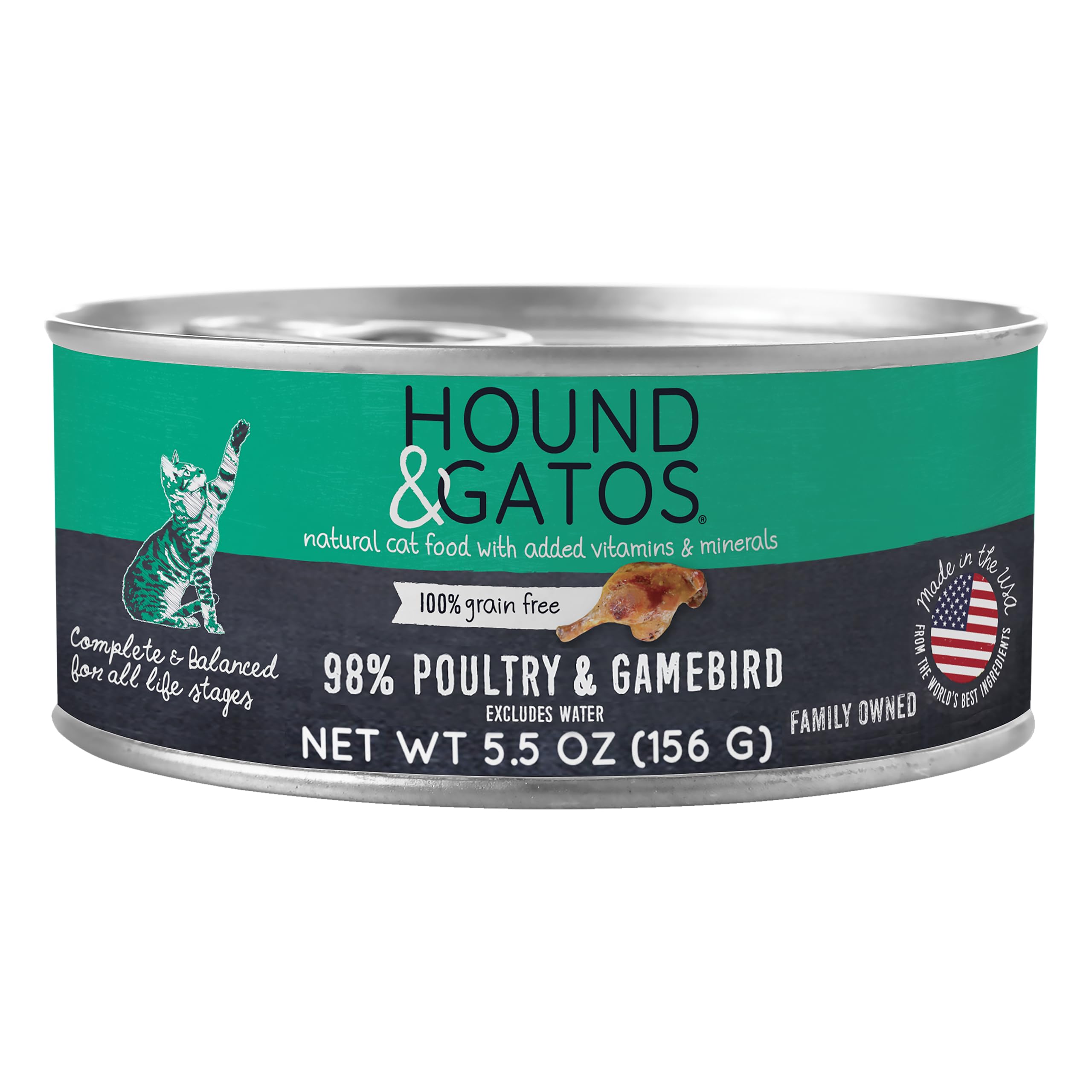 Hound & Gatos Wet Cat Food, 98% Poultry & Gamebird, Grain Free Pate Cat Food, Real Meat, High Protein, Limited Ingredients, No Additives, 5.5 oz. Cans (Pack of 24)