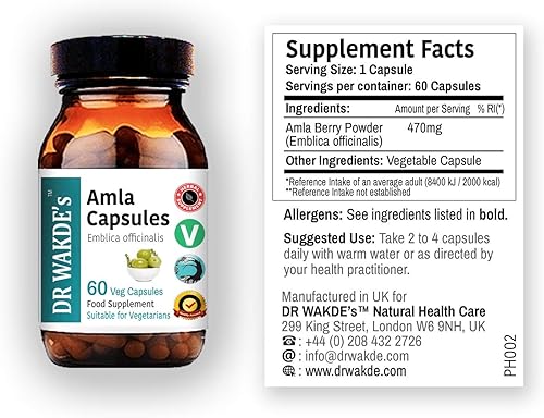 Dr Wakde 's® Amla cápsulas (Amalaki/grosella India/Emblica Officinalis) I 100% Suplemento de hierbas I 60 °Cápsulas vegetales I ayurvédica