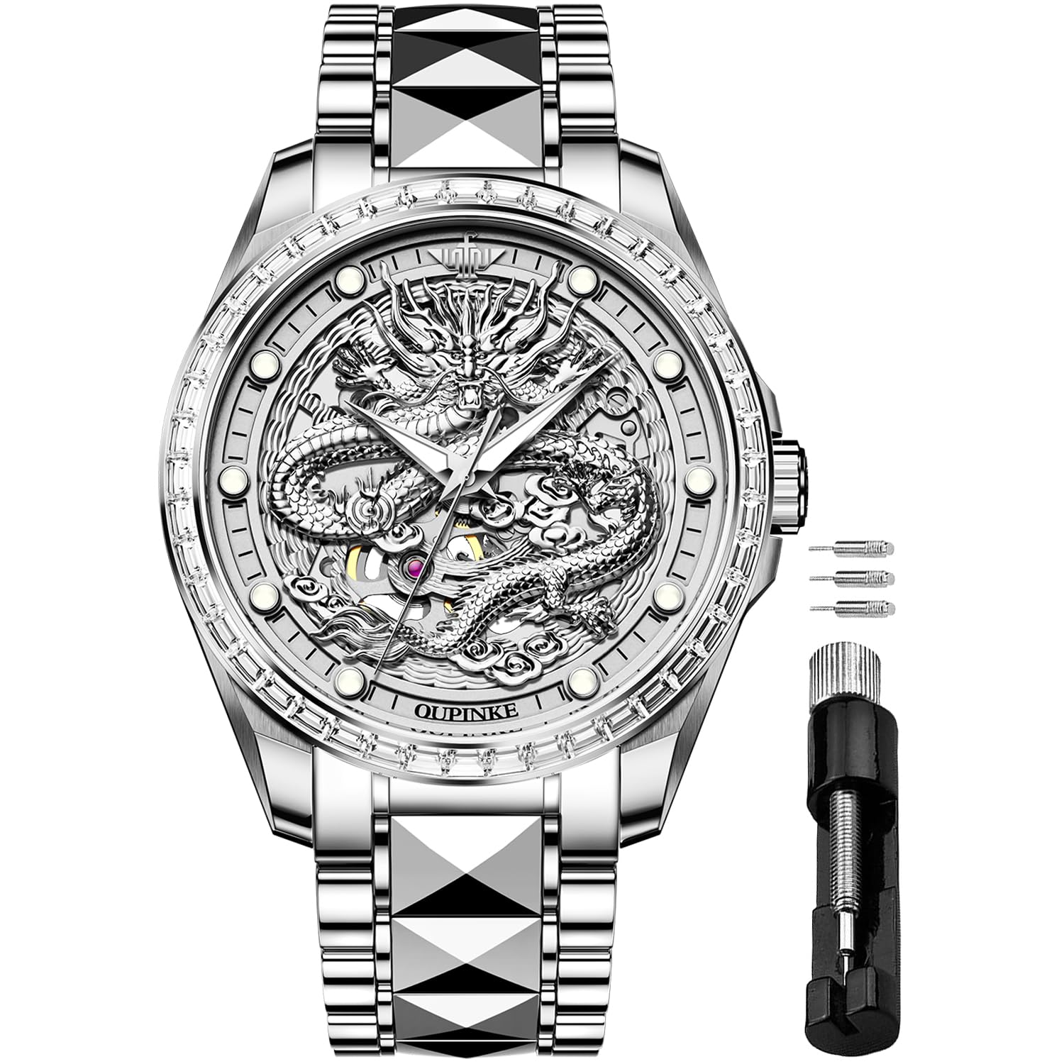 OUPINKE Dragon Skeleton Mens Wrist Watches Luxury Dress Automatic Self Winding Mechanical Sapphire Crystal Diamond Waterproof Luminous Tungsten Steel Band Watches for Men Gift, 3276:Silver, Classic (B0D5B4121H) Amazon Price History, Amazon Price Tracker