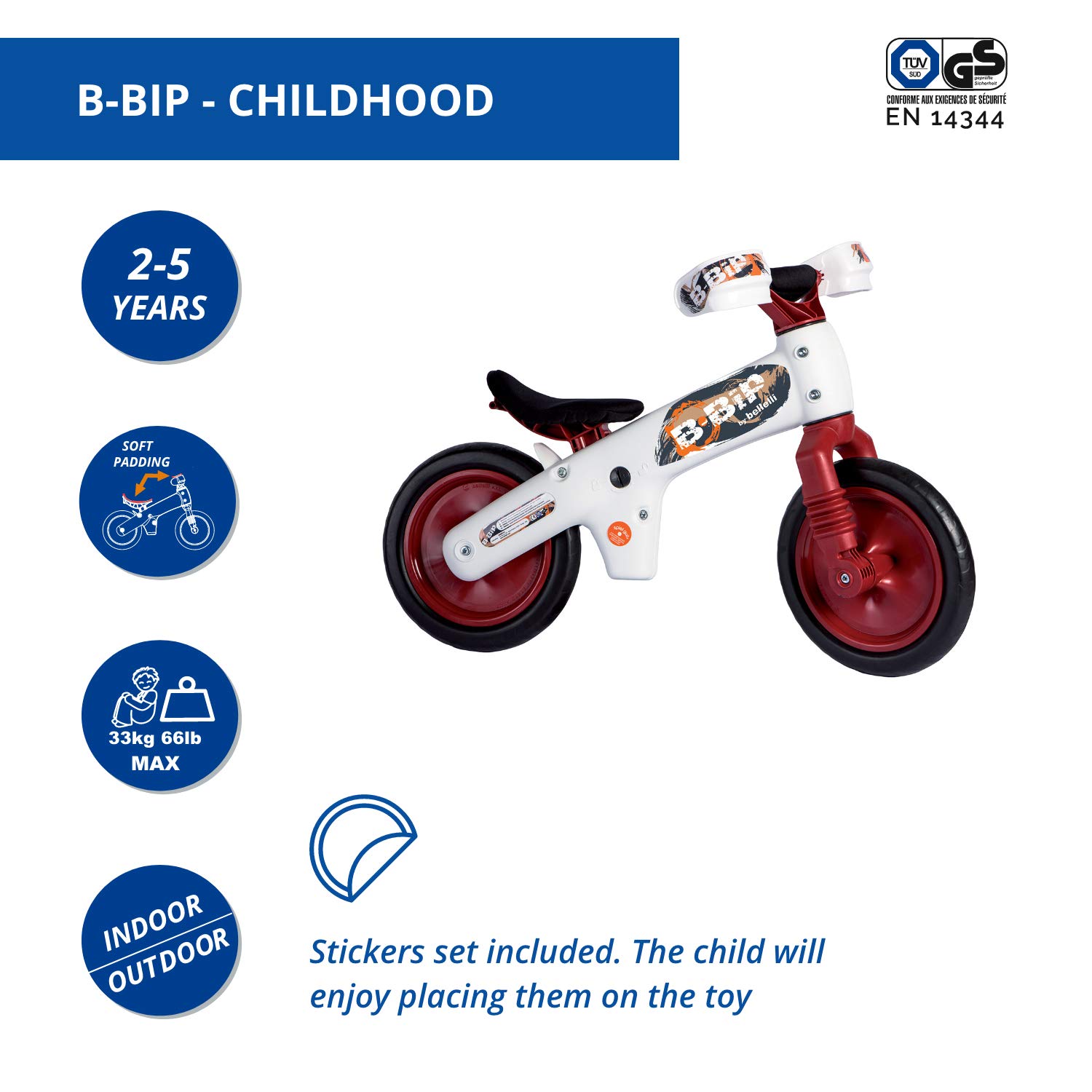 b bellelli B-Bip - Bicicletta senza Pedali - per Bambini da 2 a 5 Anni, Peso Massimo 33 kg - Utilizzo all'Interno e all'Esterno - Bianco e Rosso