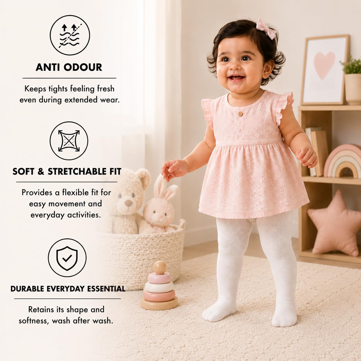 Supersox Cotton Tights for Babies | Combed Cotton, Breathable, Moisture Absorbent & Anti Odour | Soft, Stretchable Full-Length Baby Tights for All-Day Comfort | 0-12 Months | White | Pack of 1 2