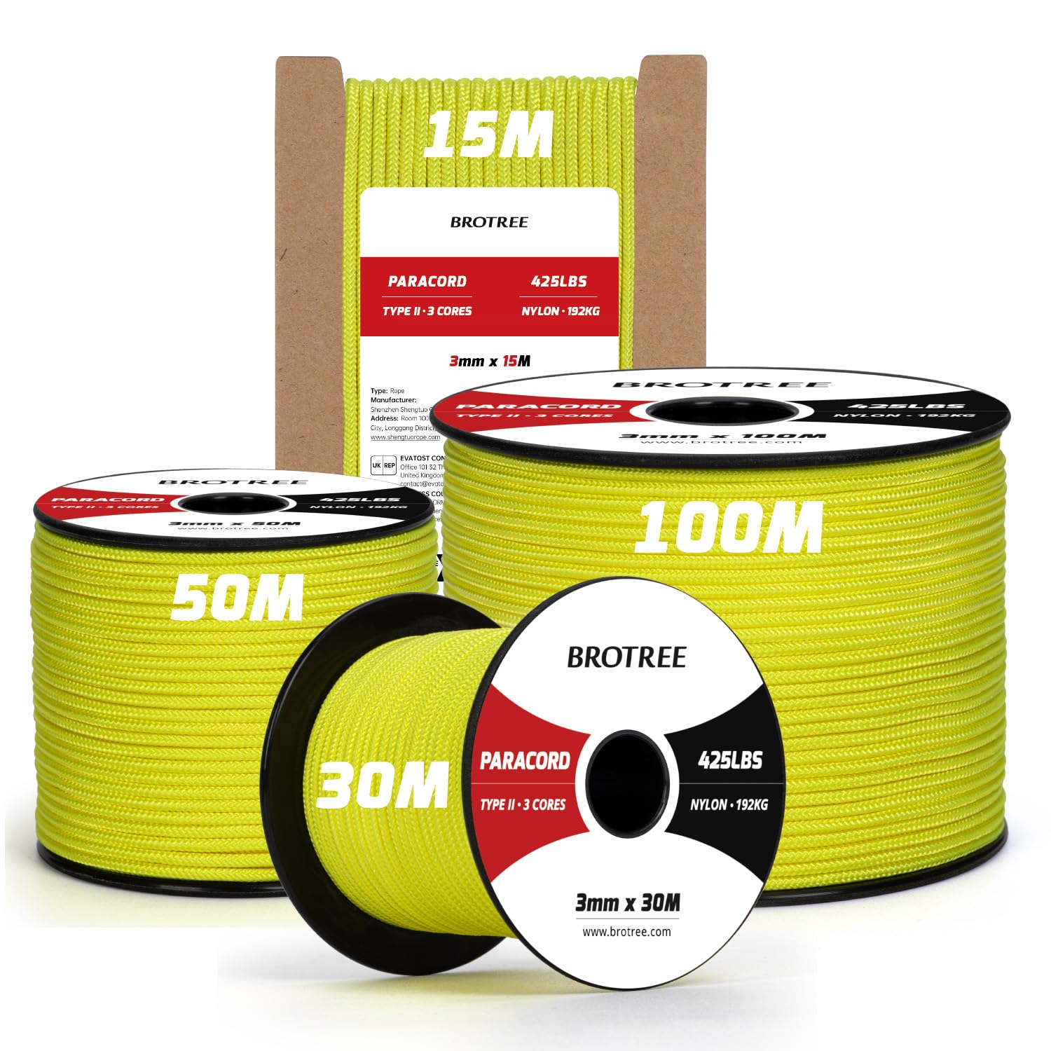 Brotree 3mm Paracord 425 100% Nylon 15M Rope 3 Strands Type II Parachute Cord for Outdoor, Craft, DIY - 192kg Breaking Load (Neon Yellow)