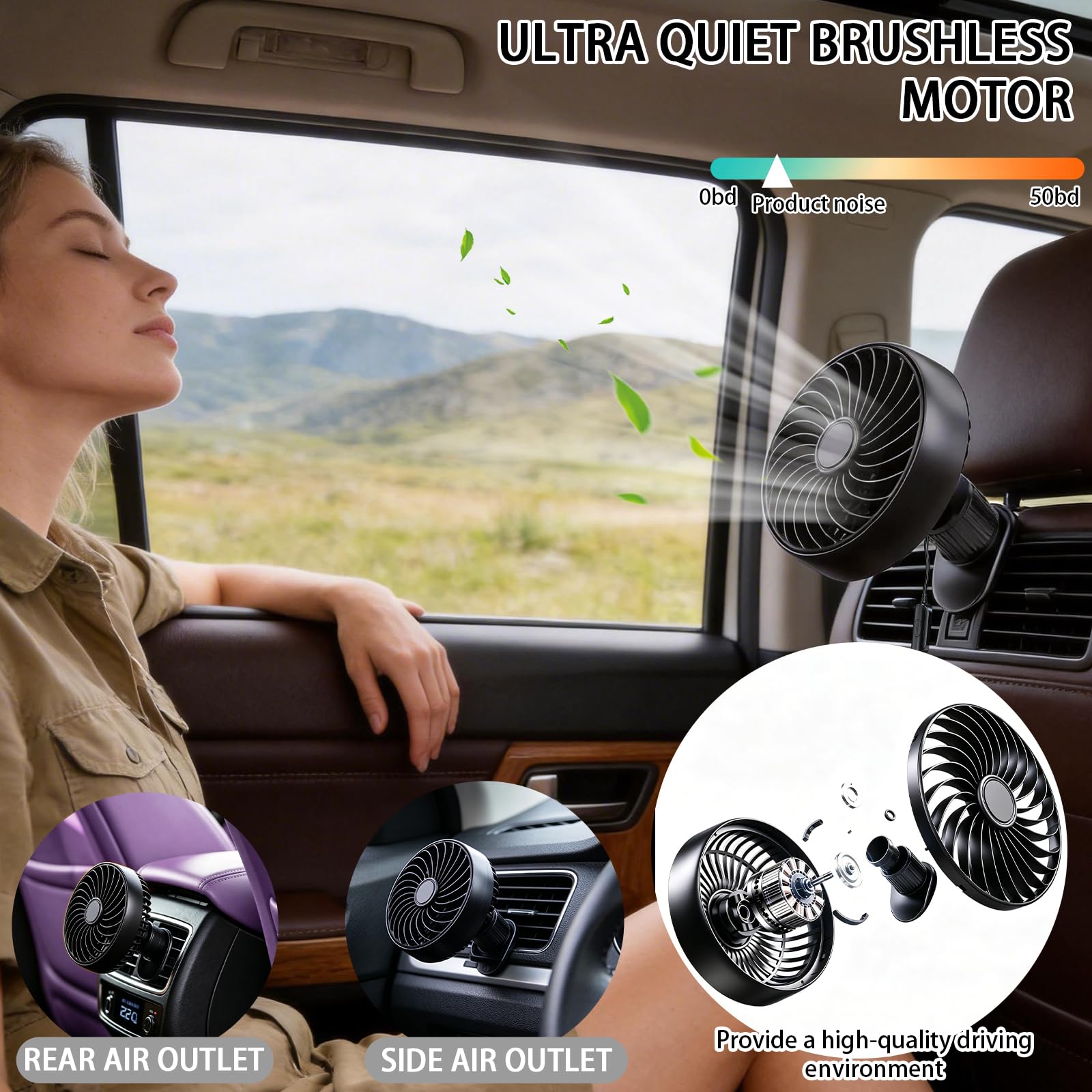Ventilatore USB per auto con montaggio a gancio, ventola portatile per auto, 5 V/1 A, ventola di raffreddamento per auto, 3 velocità regolabili, girevole a 360°, clip di raffreddamento per la