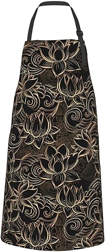 Miniatura 2 de JENKEM Delantal impermeable de flores de loto dorado boho con bolsillos delantales de cocina ajustables babero de cocina para hornear hogar