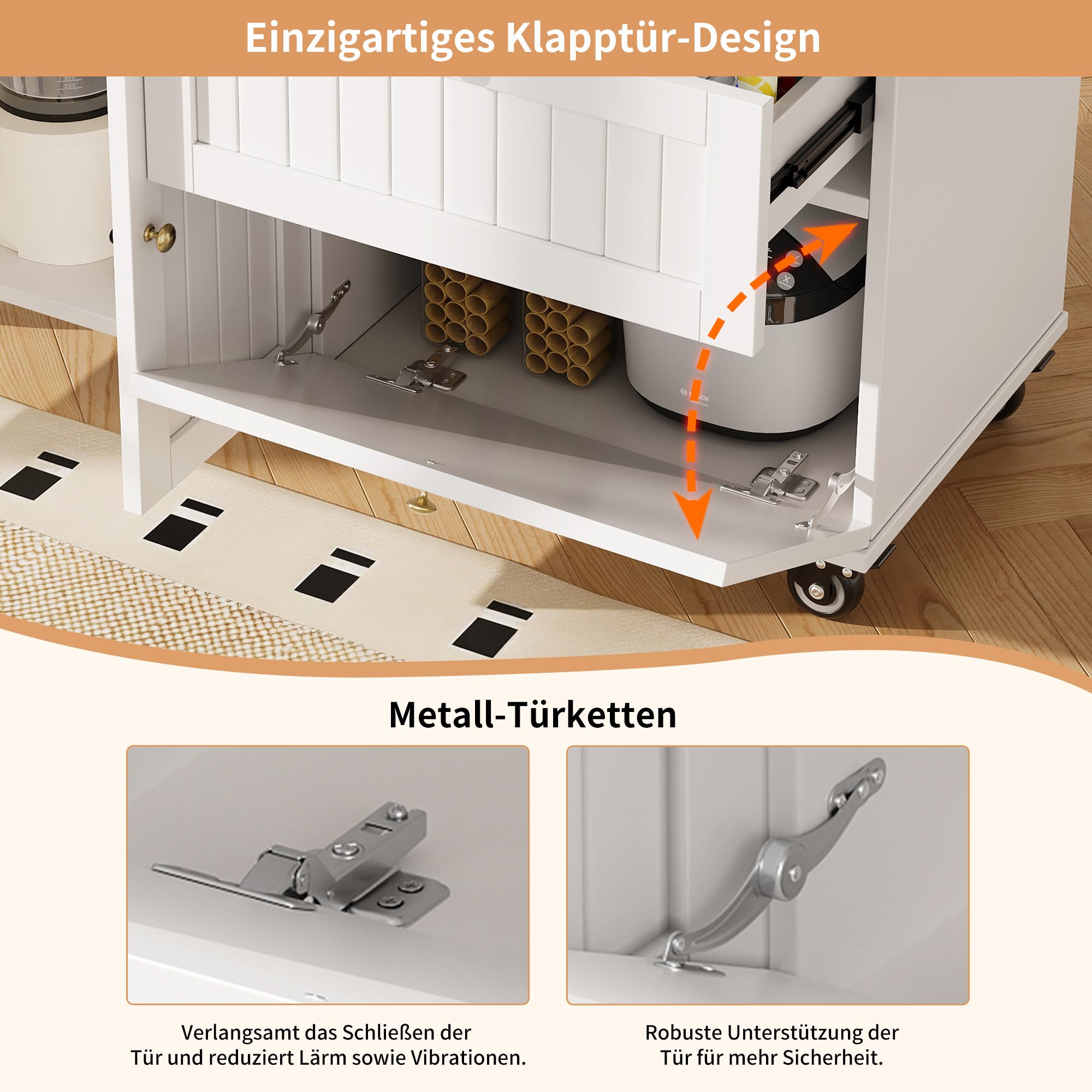 Kücheninsel 120.8 x 37.3-70x 88 cm, Küchenwagen, Küchenschrank mit Klappbarer Tischplatte, 1 Türen,1 Klapptür und 3 Schubladen, Mobiles und Festes Dual-Use-Design.MDF (Weiß)