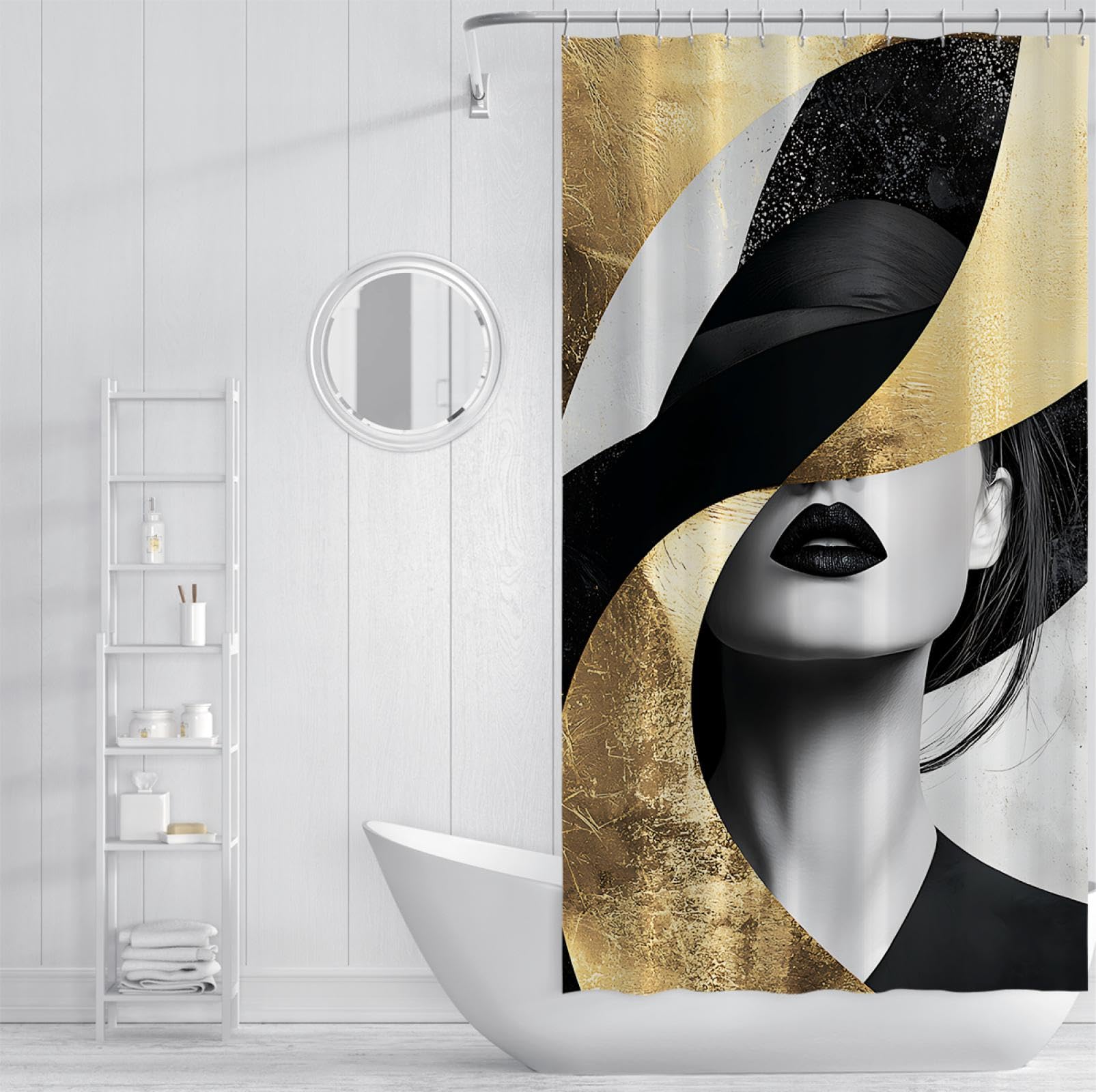 Géométrie Abstraite Rideau de Douche Mode Moderne Portrait d’Une Femme Motif Salle de Bain Décor Rideaux Set avec Crochets Tissu imperméable 200 x 240 cm