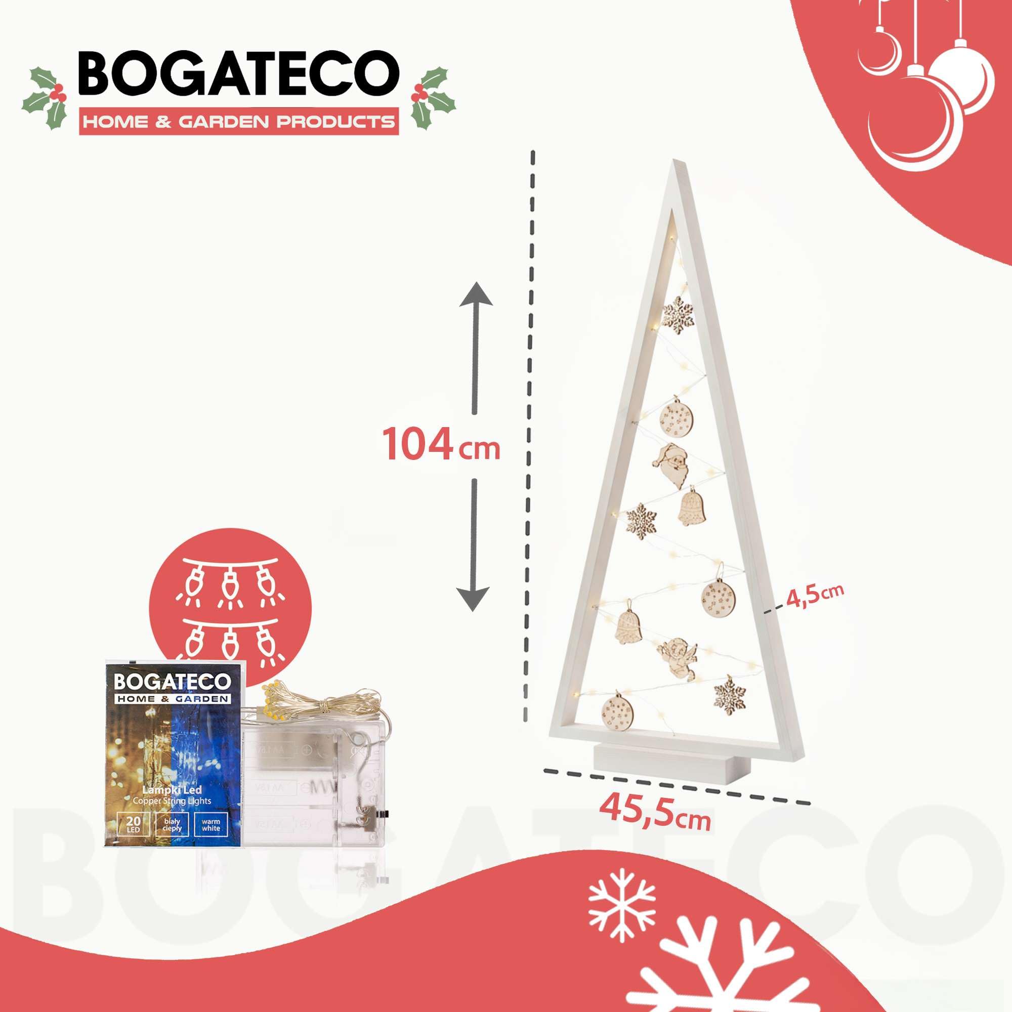 BOGATECO Albero di Natale in legno con illuminazione LED 104 cm di altezza | Decorazione in legno inclusa | Decorazioni natalizie | 30 LED |