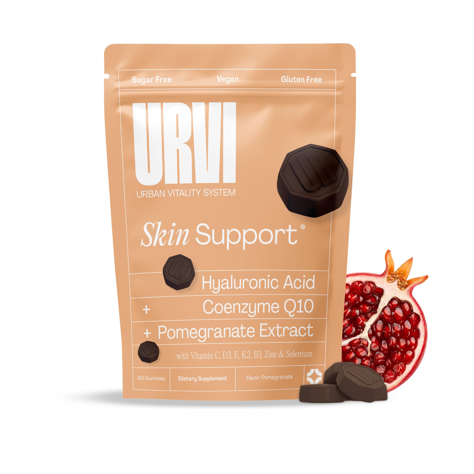 URVI 10-in-1 Skin Gummies – Hyaluronic Acid, Coenzyme Q10, Pomegranate Extract + 7 Vitamins & Minerals for Skin Health – Vegan, Sugar Free, Gluten Free, Pomegranate Flavor – 30-Day Supply