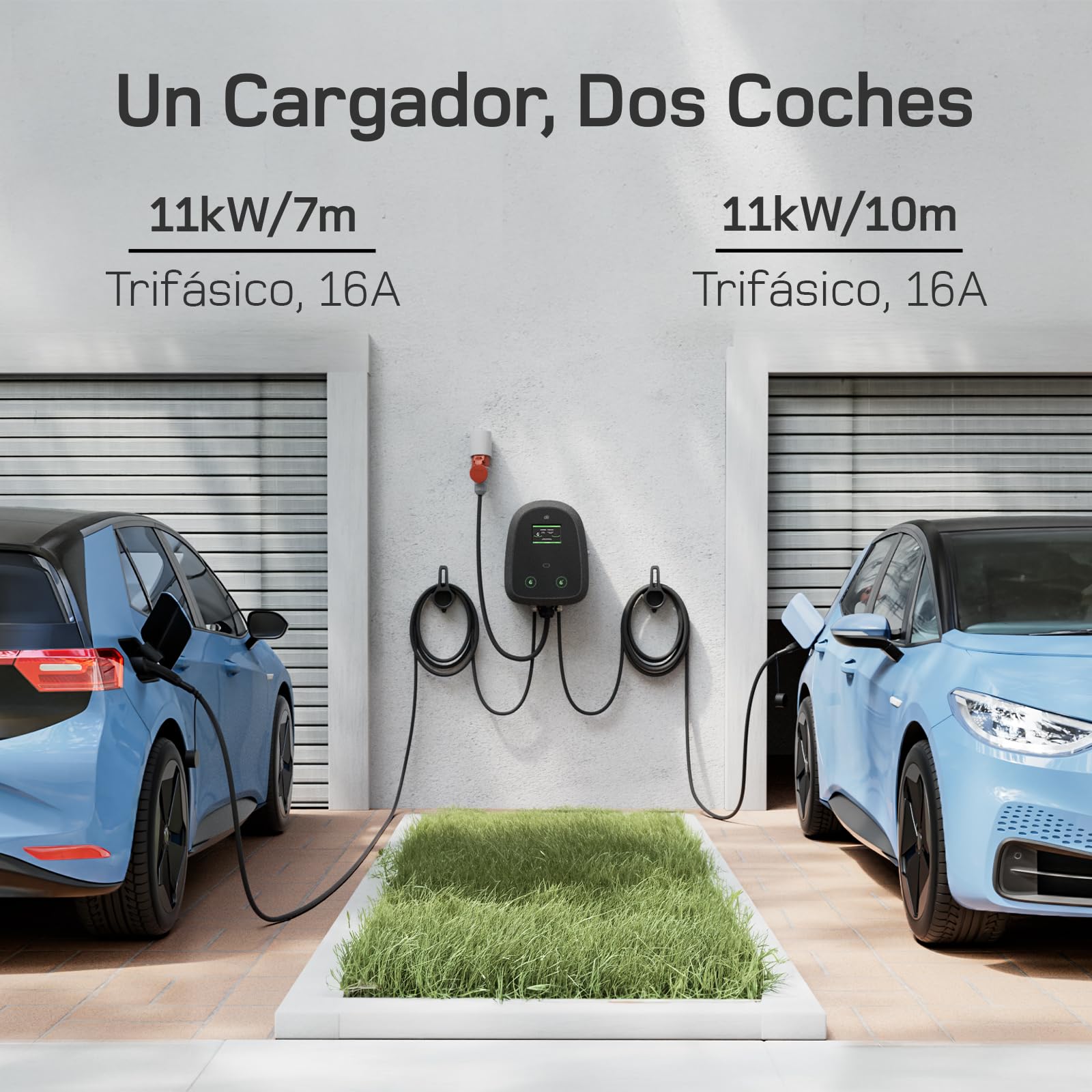 dé Wallbox Doble 2×11kW [7m+10m, 2×16A, Trifásico] Estacion de Carga Coche Electrico 11kW con Cable Doble Tipo 2, Wallbox Trifásico con App y RFID Simultánea para 2 Vehículos, para BEV/PHEV