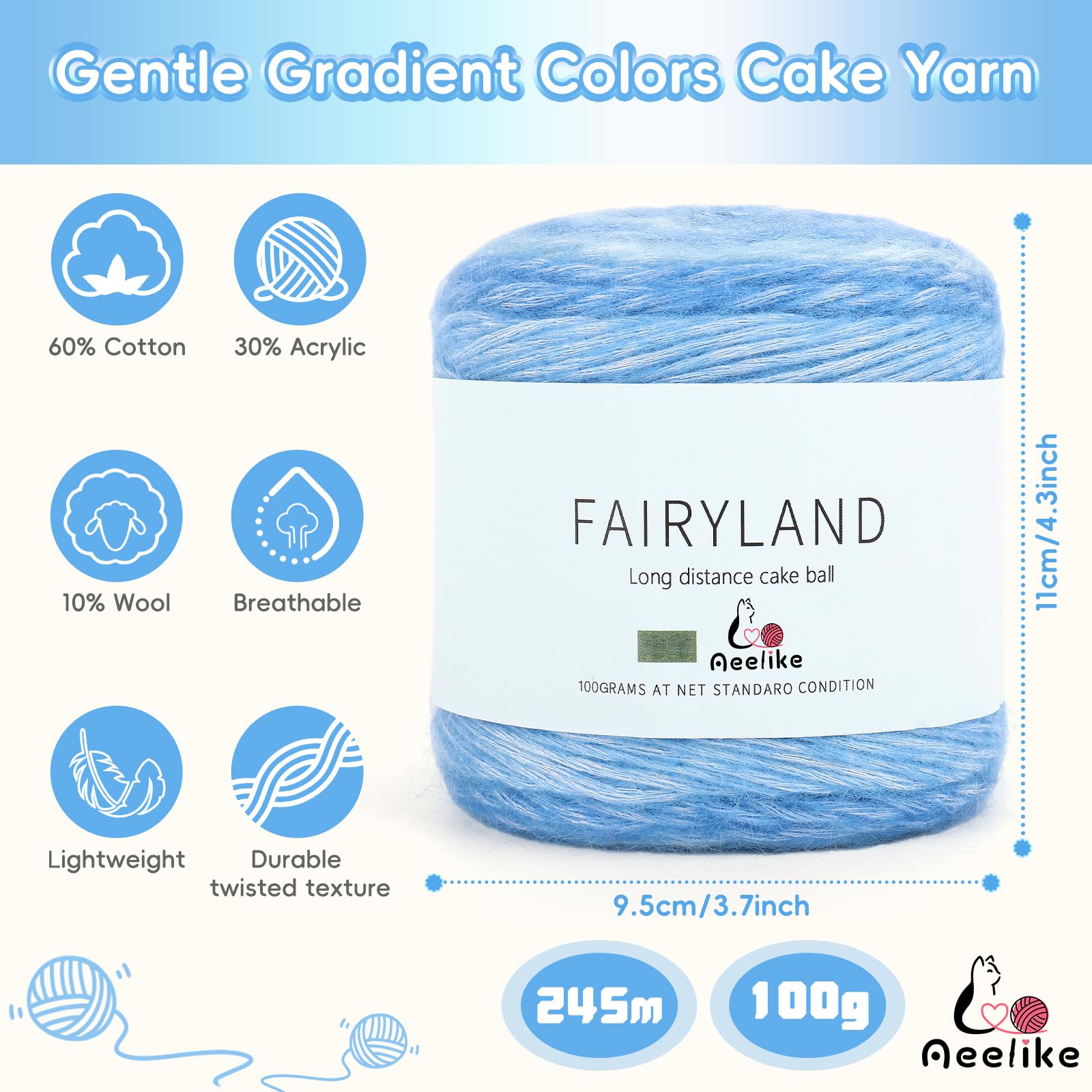 Aeelike Ombre Yarn Blue, 4 x 100g of Gradient Yarn Cake for Crochet, 60% Cotton 30% Acrylic 10% Wool - Image 3