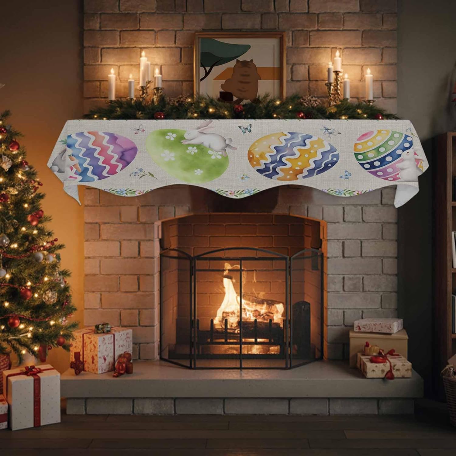 T&H XHome Mantel Scarf - Modern Fireplace Table Runner Easter Colorful Eggs Rabbits Green Plaid Retro Texture Tabletop Scarf for Fireplace Top Runner Window Protector Decor 60"x17"