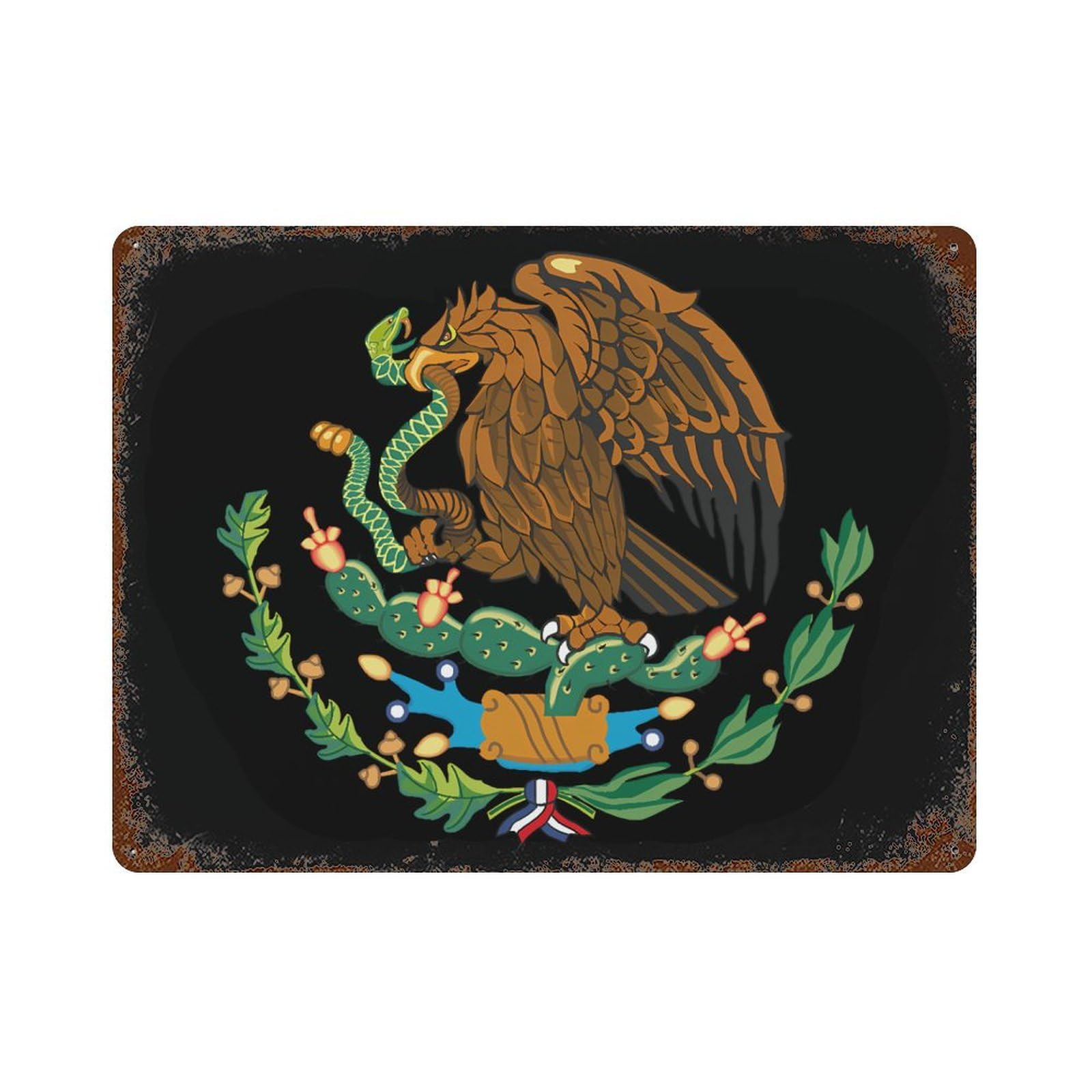 KWQDOZF Mexican Mexico Flag Theme Metal Tin Sign,Vintage Iron Hanging Plate Horizontal with Rust Poster Wall Decor 12x16inch