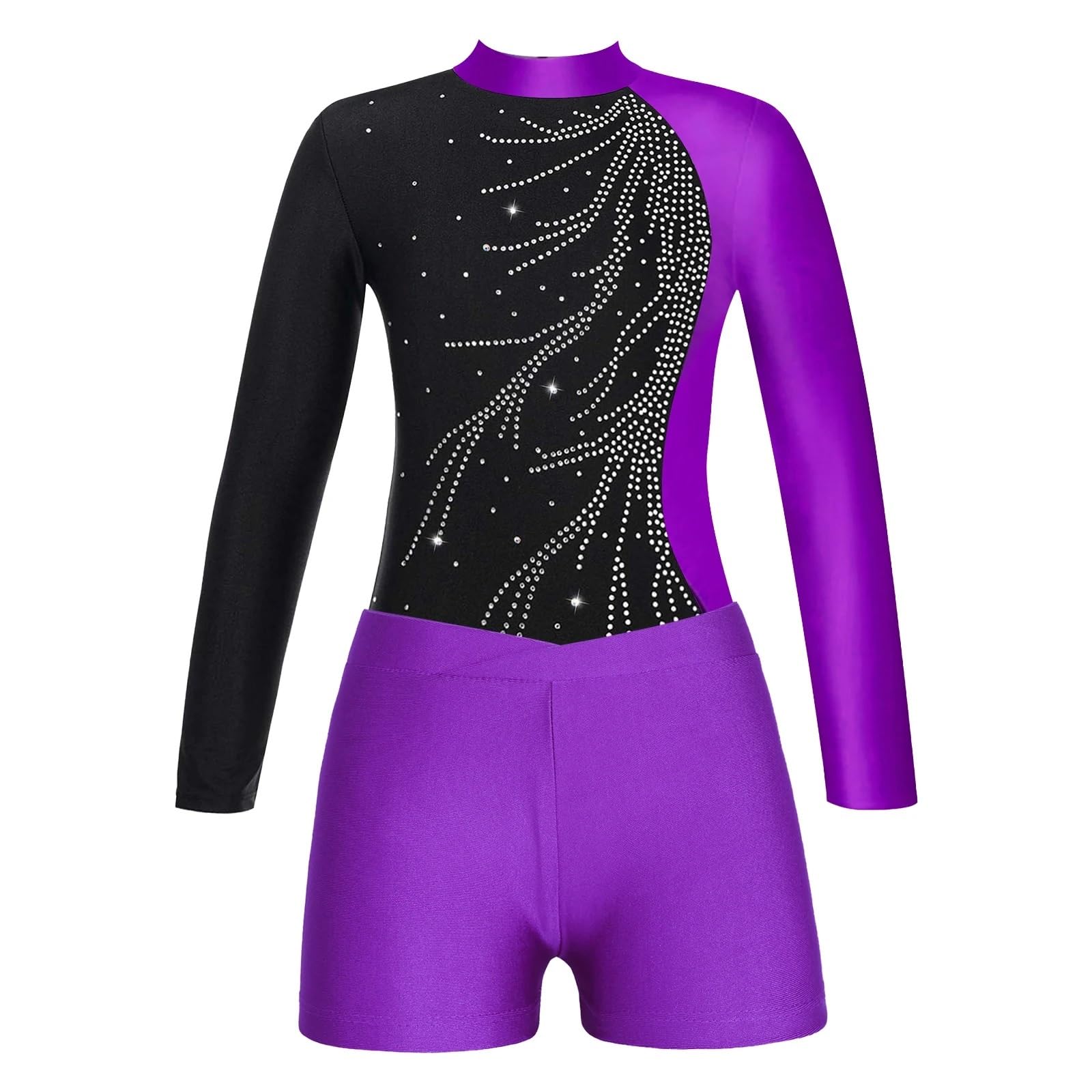 Maillot Gimnasia Ritmica Trajes de Baile de Ballet de Manga Larga for niños, Leotardos de Gimnasia for niños con Pantalones Cortos, Conjuntos de Ropa de Baile for niñas, Mono de Yoga Unitard