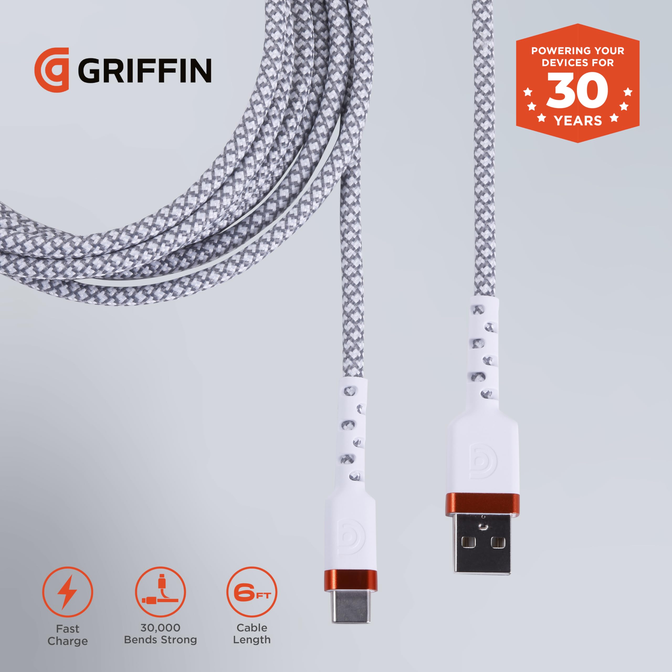 Griffin Cavo da USB-C a USB-A, cavo di ricarica rapida con treccia a 48 mandrini, teste in alluminio, durata di 30.000 piegature, cavo di ricarica rapida durevole