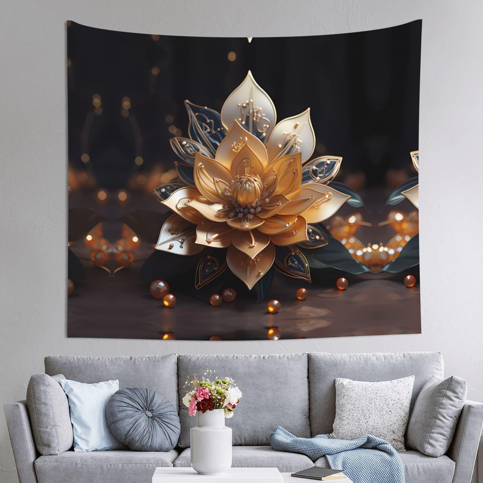 HLSBSSL 60x51in White delicate lotus flower Printed Tapestry Tablecloth for Dormitory and Picnic Rooms - Multifunctional Fabric Hanging
