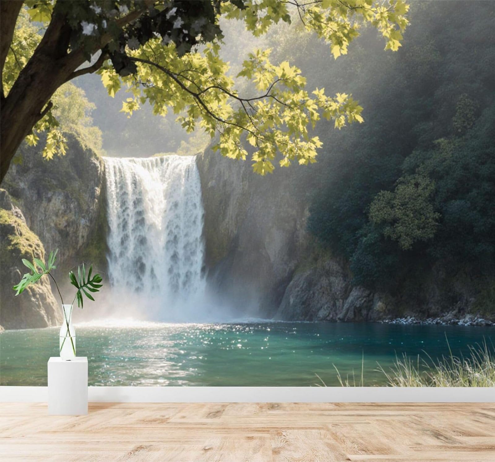 XLMING Serene Waterfall Green Forest Rocks Sunlight Reflection 3D Wallpaper Silky Texture Home Study Office Grey Dining Room Sofa Bedroom Living Room TV Backdrop-250cm×170cm