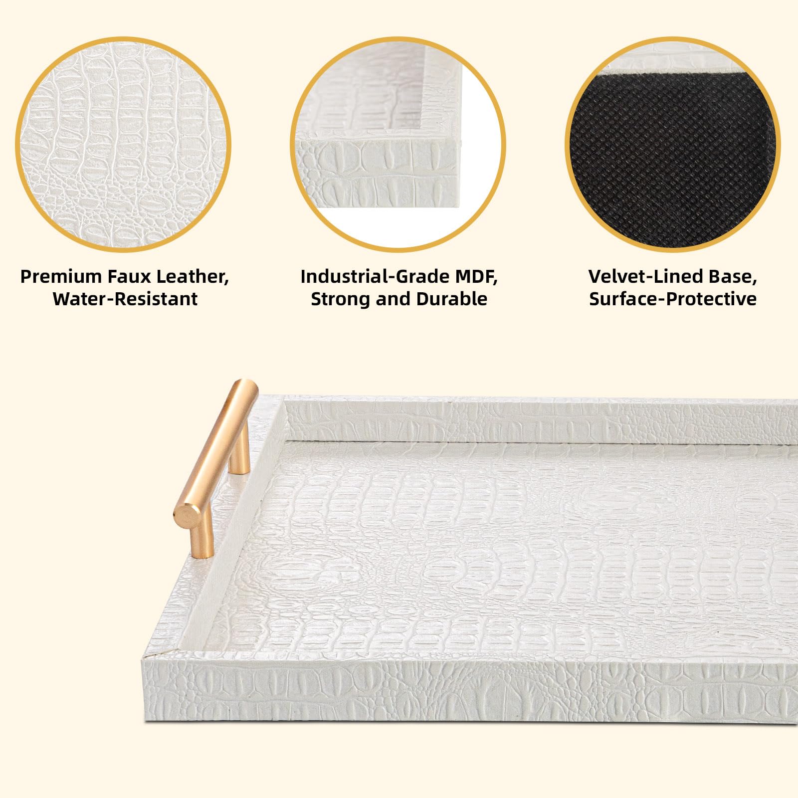 Modernes Elegantes Großes Holz-Serviertablett, 2er Set Weiß Krokodil Leder mit Gold Polierte Metallgriffe, Rechteckiges Dekotablett Ottomane Tablett Couchtisch Tablett für Wohnzimmer