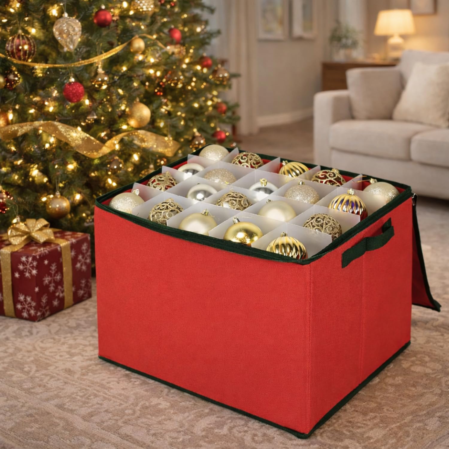 PALUPLUS Scatola Porta Palline di Natale, Misura 43x35x35 cm, fino a 80 Scomparti Modulabili, Contenitore Organizer con Cerniera e Maniglie, Custodia Impermeabile, Box per Addobbi Natalizi -7977C
