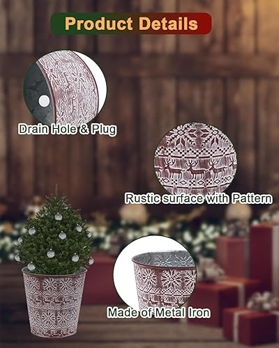 Miniatura 3 de Cubos de metal galvanizado rojo de Navidad, 6 macetas rústicas de hojalata con orificio de drenaje y enchufe, regalo de Navidad, maceta vintage para