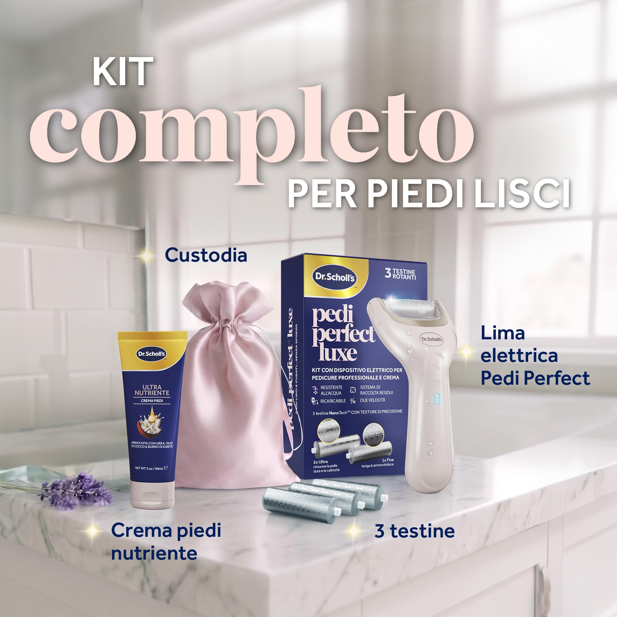 Dr. Scholl's Pedi Perfect Luxe - Kit Pedicure Elettrico Ricaricabile, Lima Piedi e Crema Nutriente, Elimina Calli, Duroni e Pelle Secca, Impermeabile, 90 Minuti di Autonomia, 3 Testine