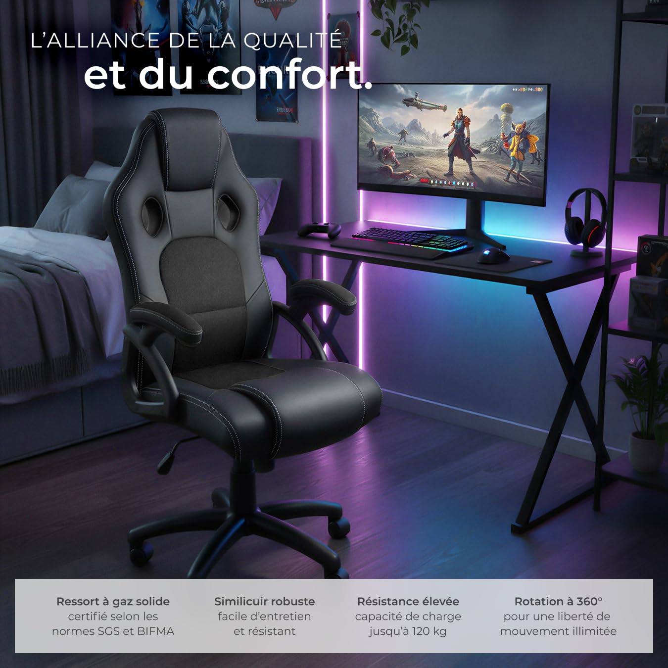 TecTake® Chaise de Bureau Fauteuil de Bureau Fauteuil pivotant Design Chaise Gaming, Siege Ergonomique, Fauteuil avec Accoudoirs, Rembourrage épais, Roulette, Hauteur réglable Teletravail