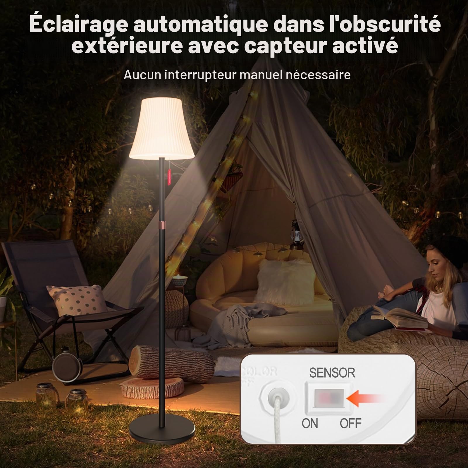Mojimdo Lampe Solaire sur Pied avec Télécommande, 7 Modes RGB, Détecteur Crépuscule-Aube, 3 Niveaux de Blanc Chaud Réglable, IP65 Étanche Sans Fil Rechargeable pour Terrasse, Jardin, Cour