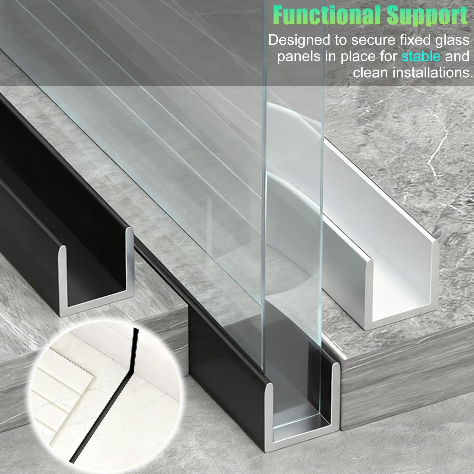 canal U vidrio Juego De Canales Tipo U Para Baño De 2 4 6 8, Perfil De Aluminio Con Ranura Fija De Vidrio Empotrado Sin Marco, Puerta De Ducha(4 pcs,Fit 8mm(3/10") glass)