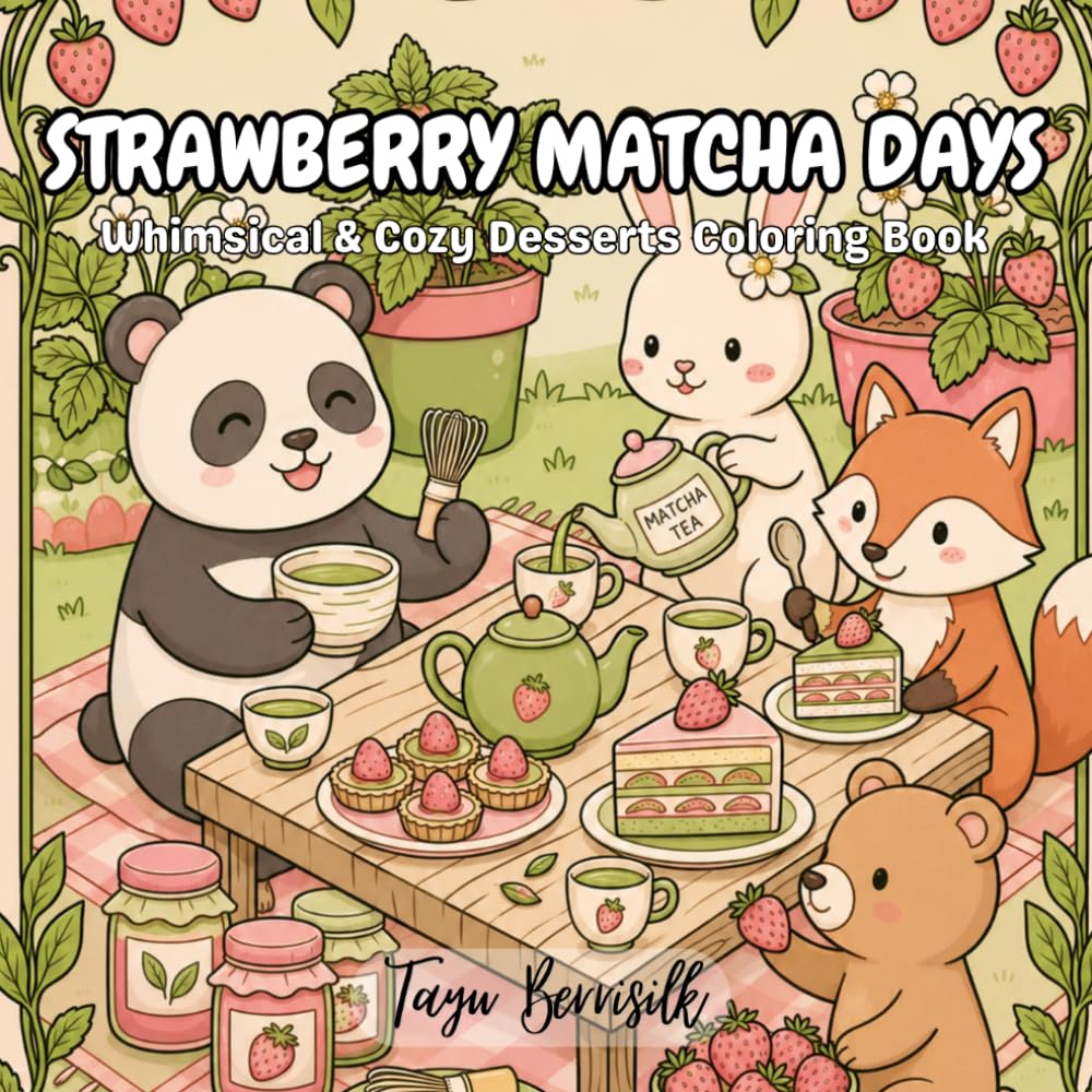 Strawberry Matcha Days: Whimsical & Cozy Desserts Coloring Book