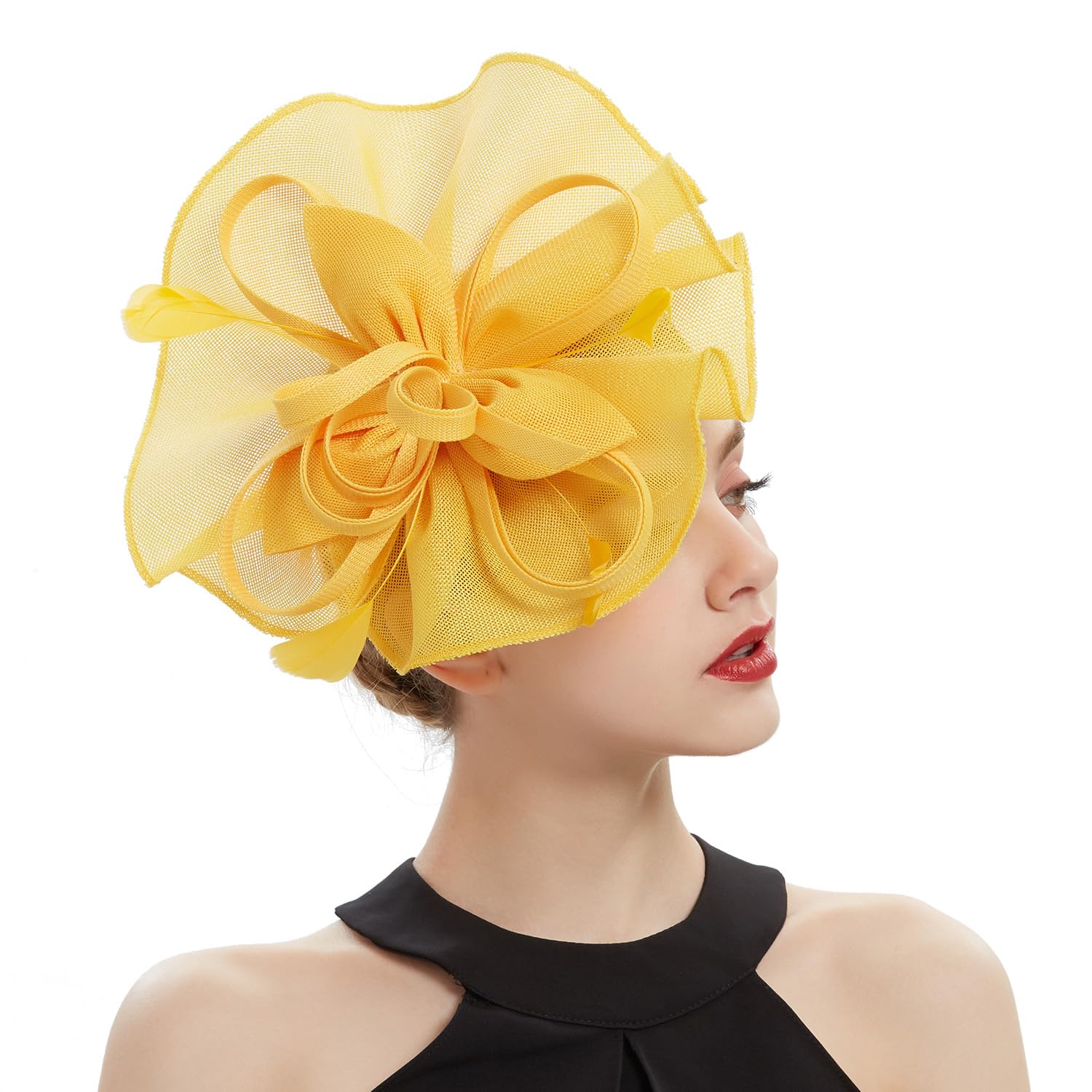 Brawlady Women's 5808Yellow Sinamay Fascinator Hat With Top Flower, Feather Headwear For Church Wedding Derby Cocktail Tea Party Hot Pink