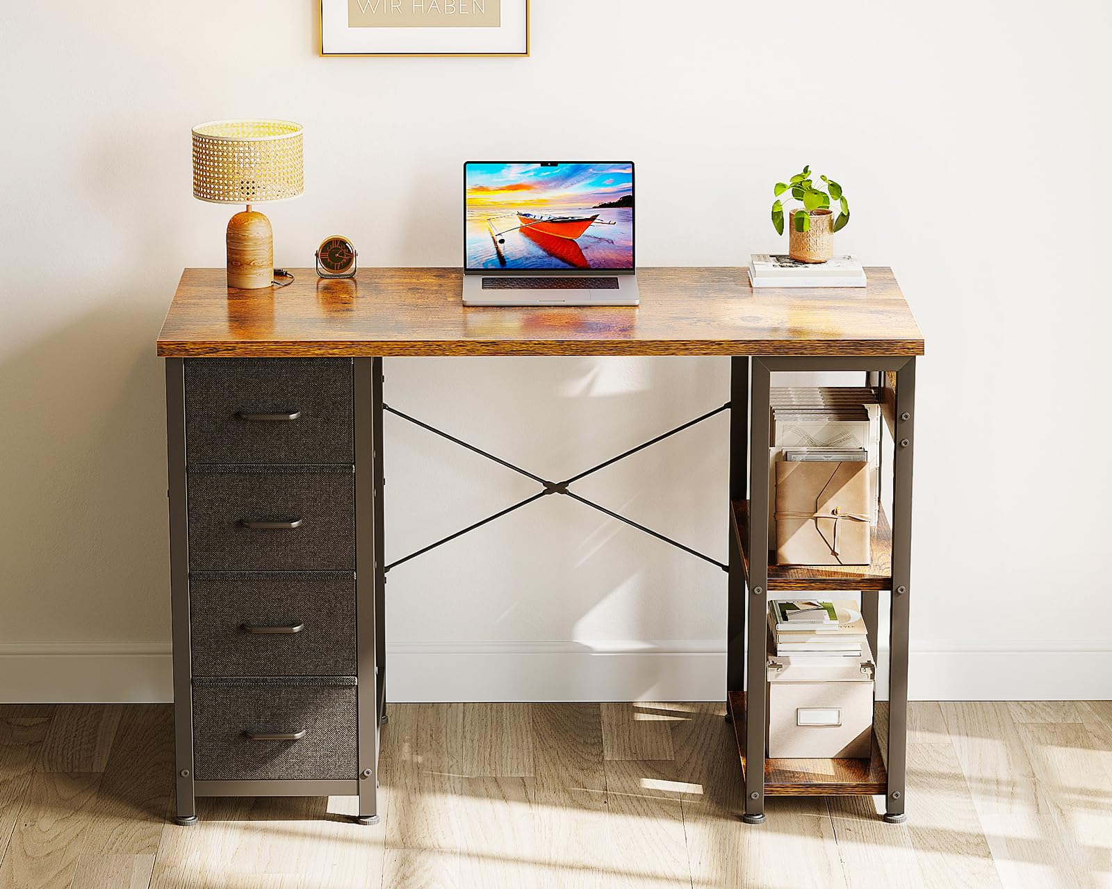 Coleshome Małe Biurko z 4 Szufladami z Tkaniny, 100x40cm Biurko z Odwracalnymi Półkami, Stół Komputerowy Stolik do Salonu i Domu, Brązowy