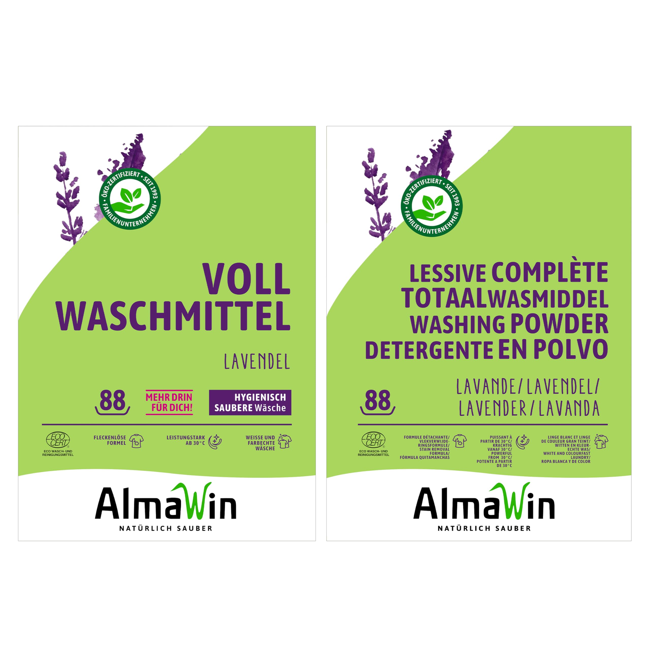 AlmaWin® Vollwaschmittel Pulver [4,6kg - 88 Ladungen] mit Lavendel-Duft für strahlende Reinheit - Waschmittel Pulver für alle weißen & farbechten Textilien [30-95°C] - Veganes Voll-Waschpulver