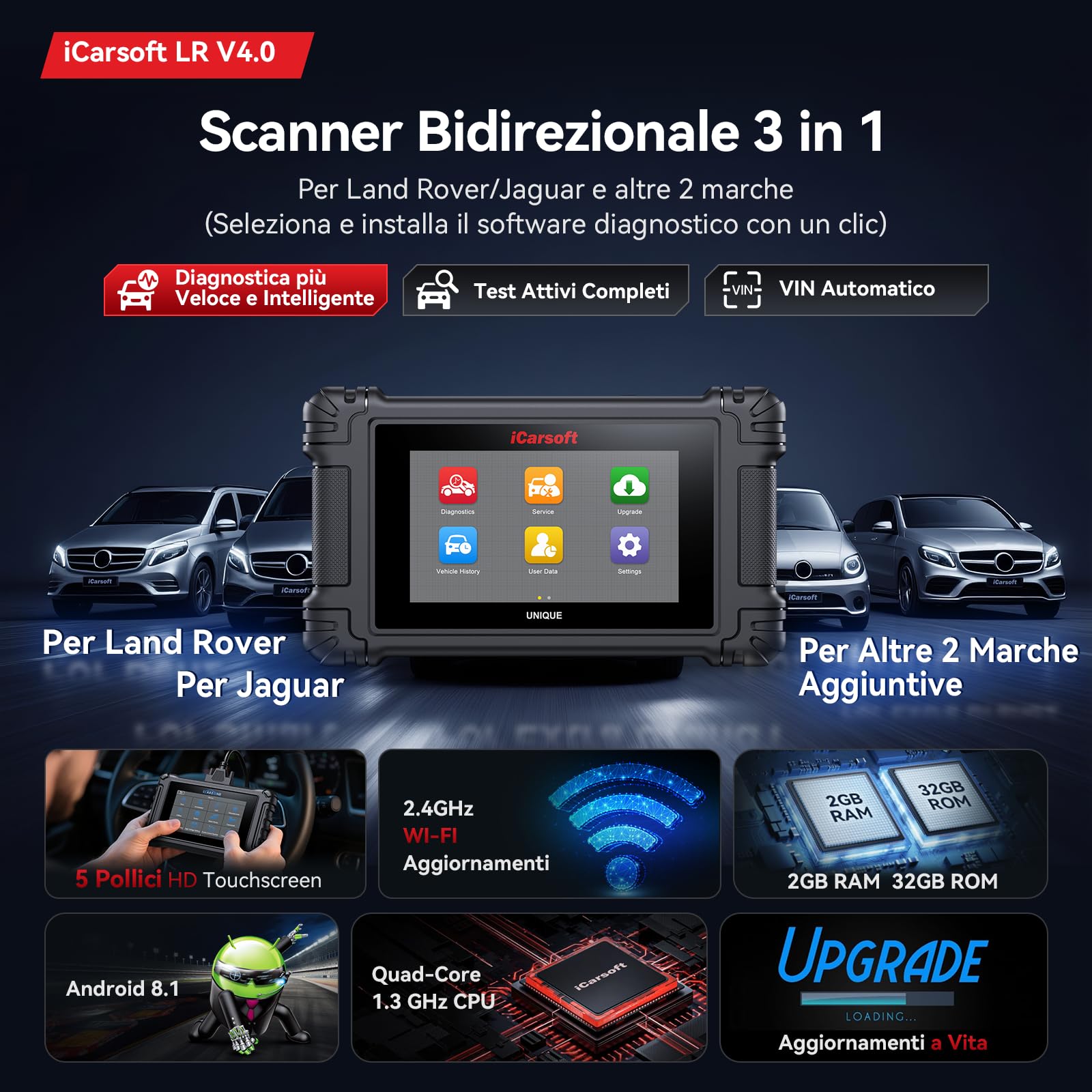 iCarsoft LR V4.0 OBD2 Auto Diagnostica per Land Rover/Jaguar+ 2 Marche Opzionali, Diagnosi Auto Professionale in Italiano Tutti i Sistemi, 37 Servizi, Test Bidirezionale, Auto VIN, Aggiornamento WiFi
