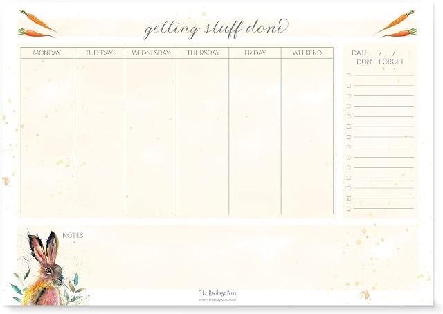 The Heritage Press Weekly Planner Pad - Cute Fluffy Hare Organiser - for School, Home and Office Productivity - 52 Sheets