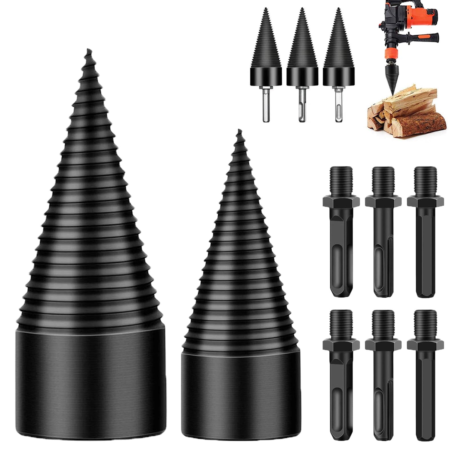 Set spaccalegna conico con punte coniche da 32 mm + 42 mm, punte per spaccalegna da ardere, spaccalegna a spirale, spaccalegna a vite conica per la casa (32 mm + 42 mm)