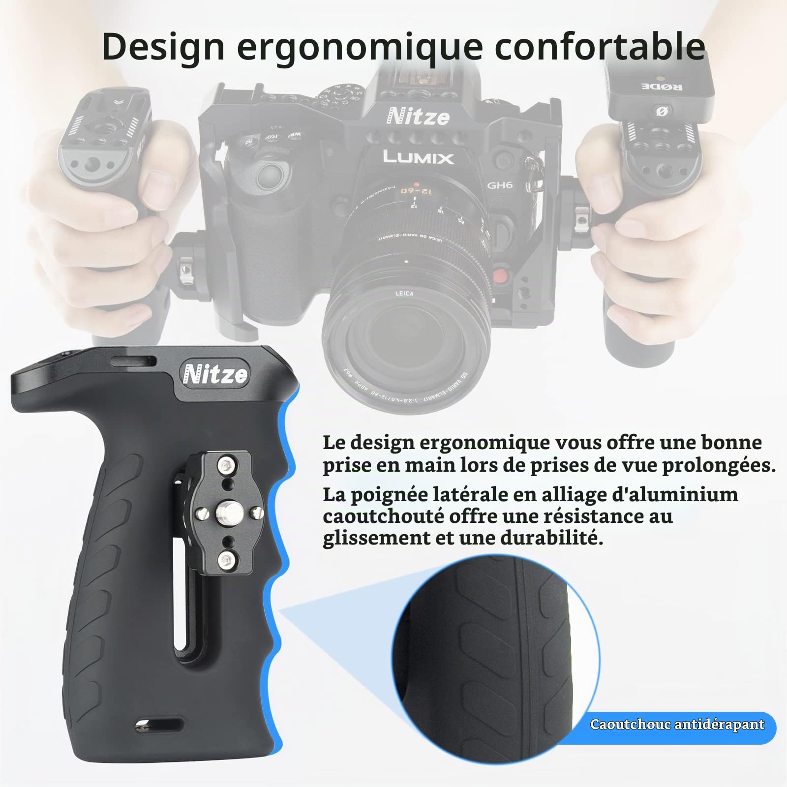 Nitze Ergonomique Poignée Latérale avec vis 1/4" et Goupilles de Positionnement Amovibles,Side Handle pour Main Gauche ou Droite, Réglable vers Le Haut et vers Le Bas - PA29D