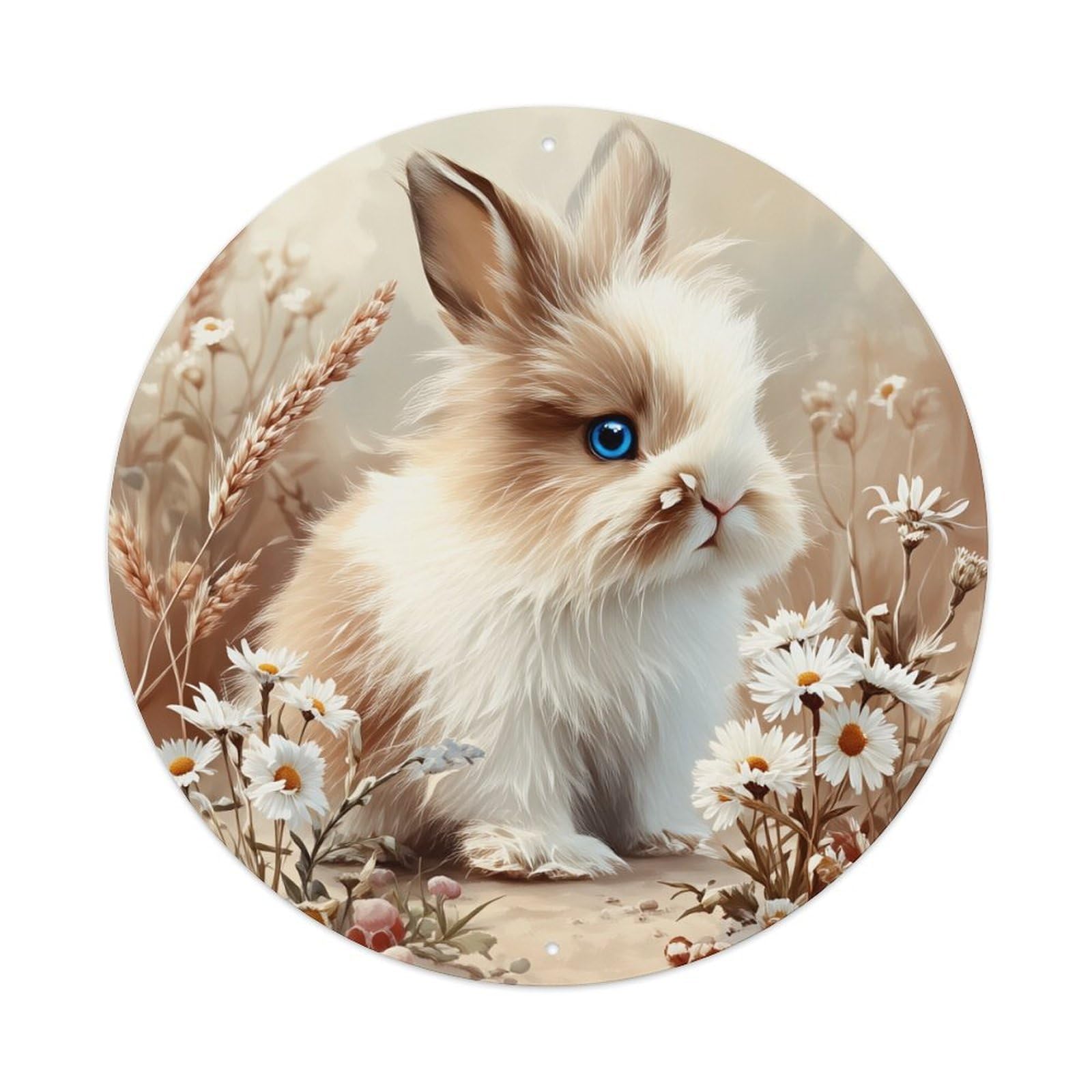 Fluffy Bunny Daisy Field Spring Round Tin Sign Vintage Metal Poster, Home Bar Garage Man Cave Cafe Indoor & Outdoor Wall Decoration 8x8Inches